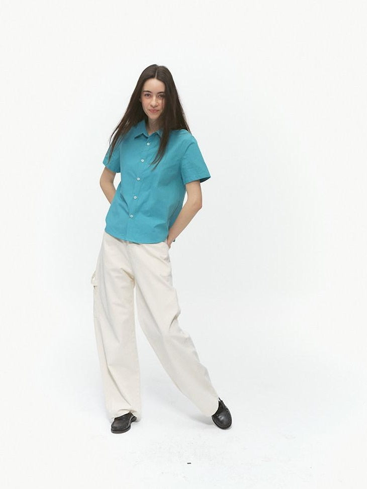 Country Moment 100% Cotton Casual Loose Camp Collar Short Sleeve Unisex Solid Color Shirts