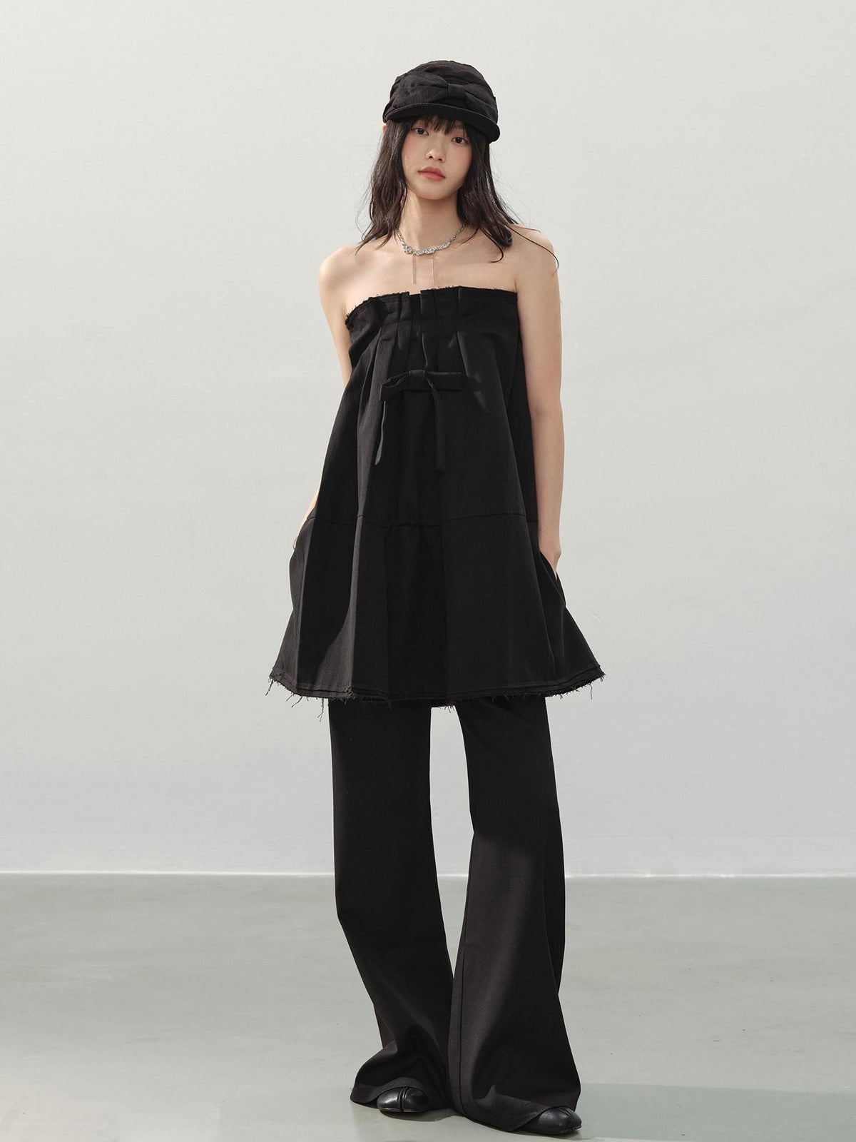 DDGIRL studio Slim Mid Rise Washed Black Micro Flare Zipper Casual Women Straight Pants