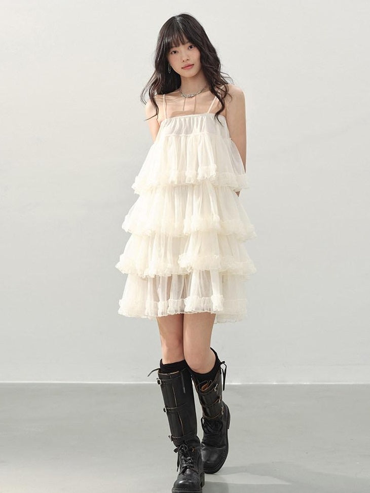 DDGIRL studio Breathable Soft Sweet Princess A Line Tiered Camisole Cream Mini Dresses