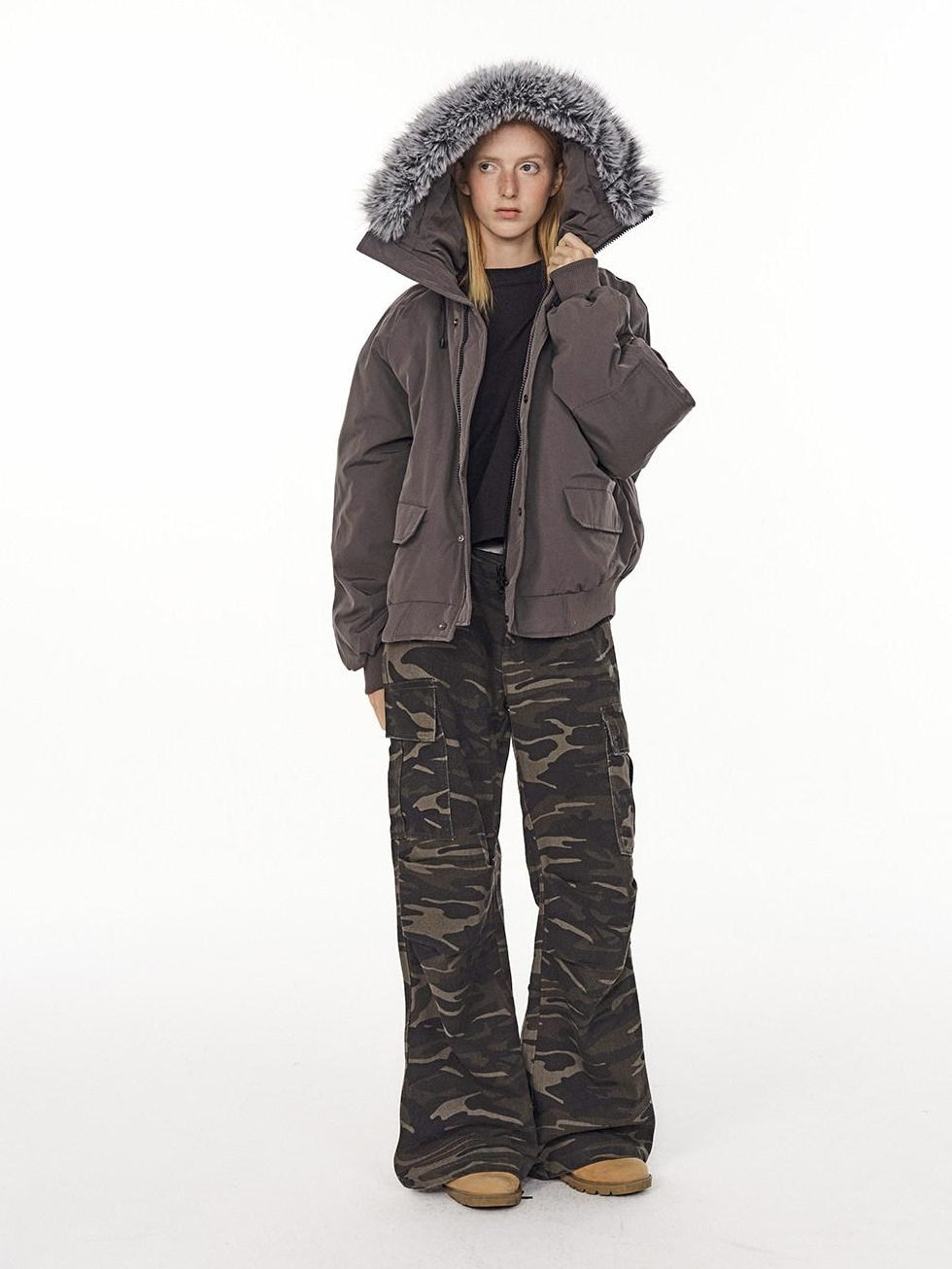 Country Moment Pure Cotton Loose Wide Leg Button Fly Casual Youth Camouflage Cargo Pants