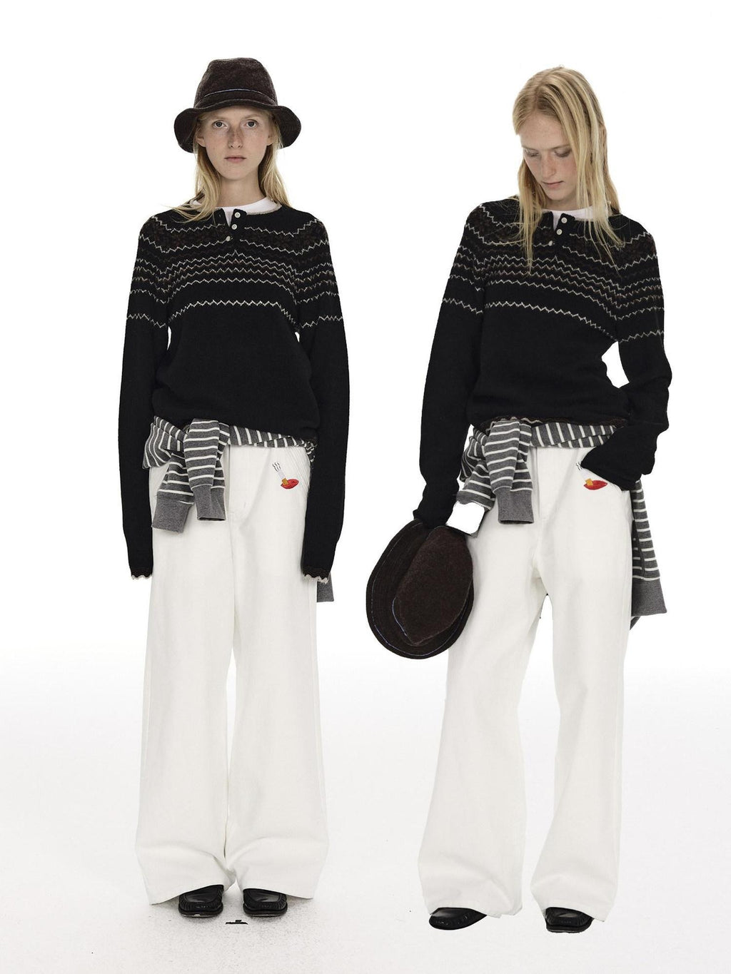 Country Moment Jacquard Henley Button Pullover Slim Fit Youth Wool Blend Striped Sweaters
