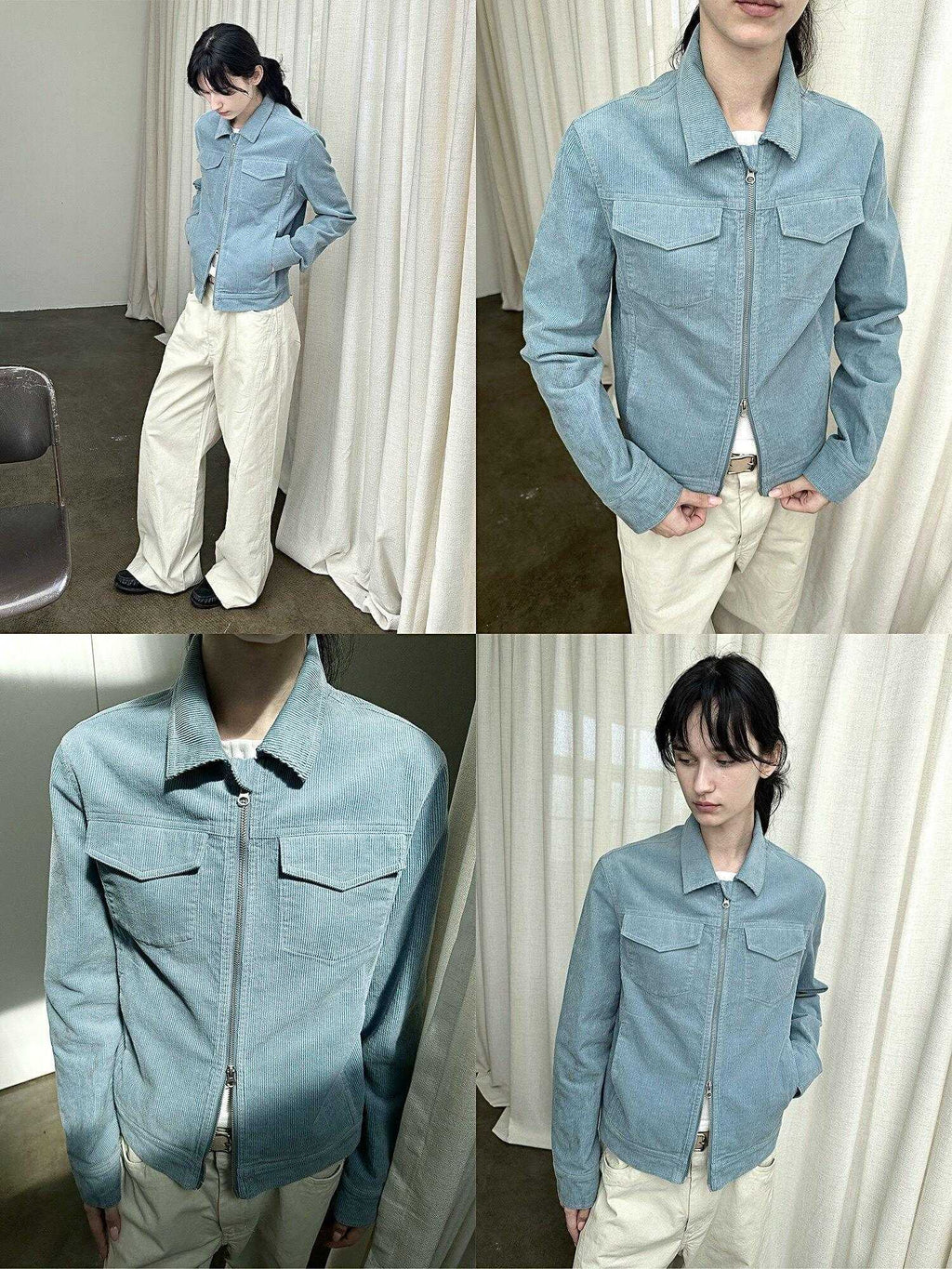 Country Moment Cotton Lined Warm Short Zip Lapel Unisex Commuter Blue Brown Cropped Jackets