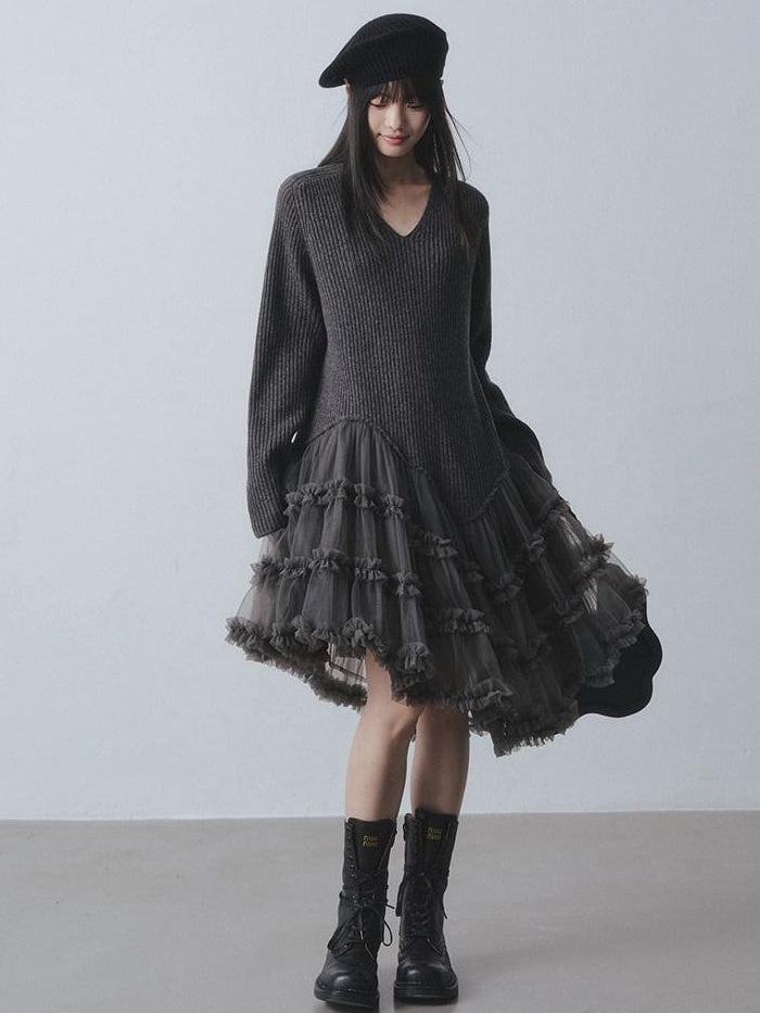 DDGIRL studio Warm 100 Percent Wool High Waist Mesh Splice A Line Sweater Midi Dresses