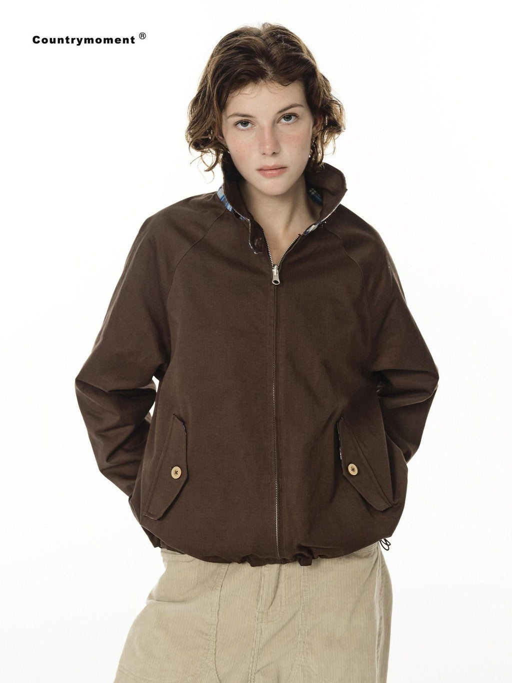 Country Moment Reversible Cotton Relaxed Raglan Unisex Checked Zip Pockets Cropped Jackets
