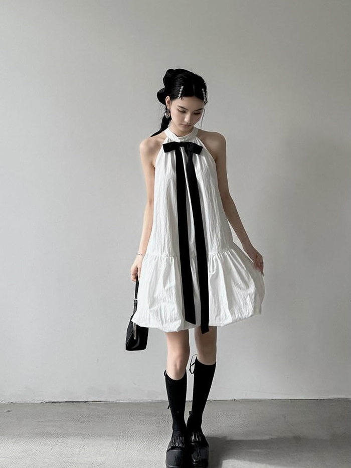 DDGIRL studio Soft Cotton Nylon Bow Sleeveless Aline Office Women Halter Back Zip Midi Dresses