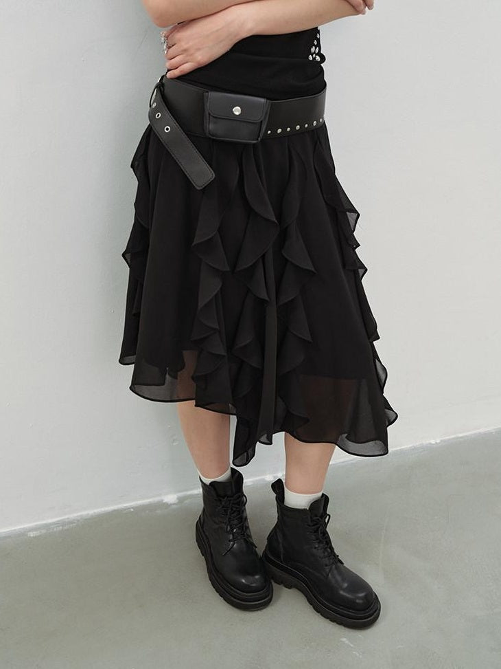 DDGIRL studio Fade Resistant Lined Asymmetrical High Waist Black Irregular Women Midi Skirts
