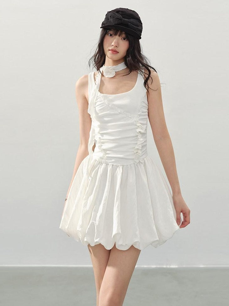DDGIRL studio Soft Stretch Cotton Sweet Ruffle A Line Sleeveless U Neck Mid Waist Mini Dresses