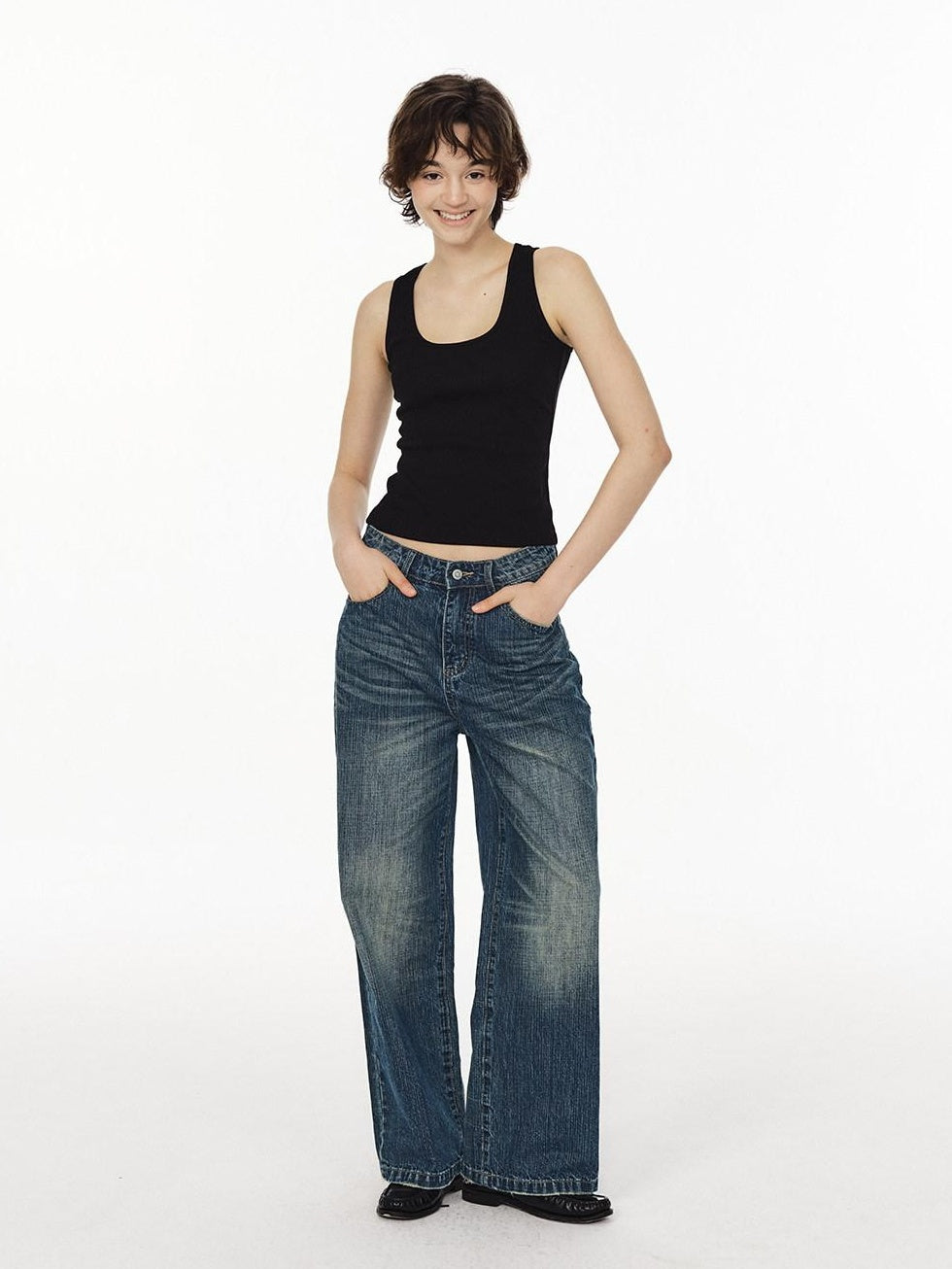 Country Moment Micro Stretch Mid Rise Vintage Blue Gradient Loose Unisex Straight Leg Jeans