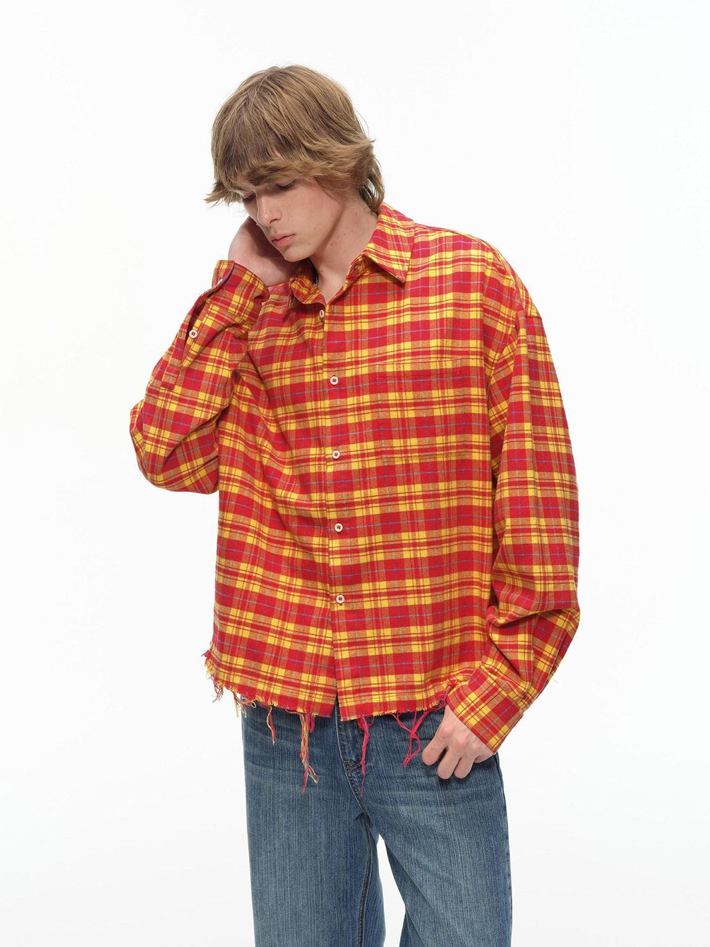 Country Moment Breathable Cotton Loose Plaid Fringe Unisex Longsleeve Button Collar Shirts