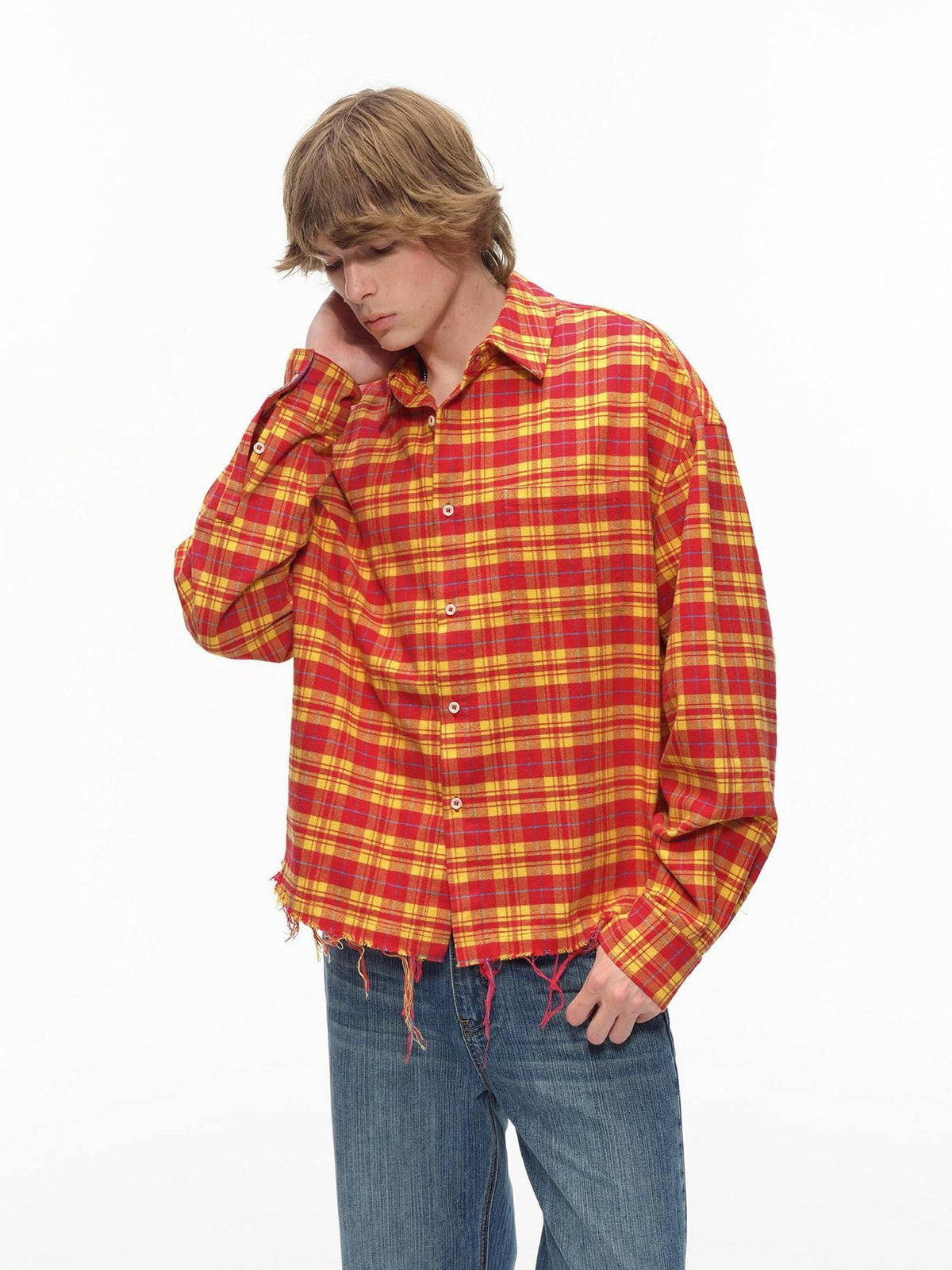 Country Moment Breathable Cotton Loose Plaid Fringe Unisex Longsleeve Button Collar Shirts