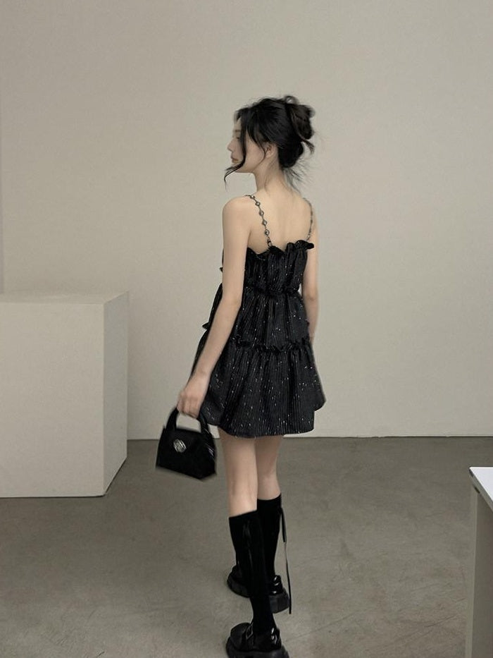 DDGIRL studio Shape Retain Strappy A Line Loose Waist Black Poly Wool Blend Mini Dresses