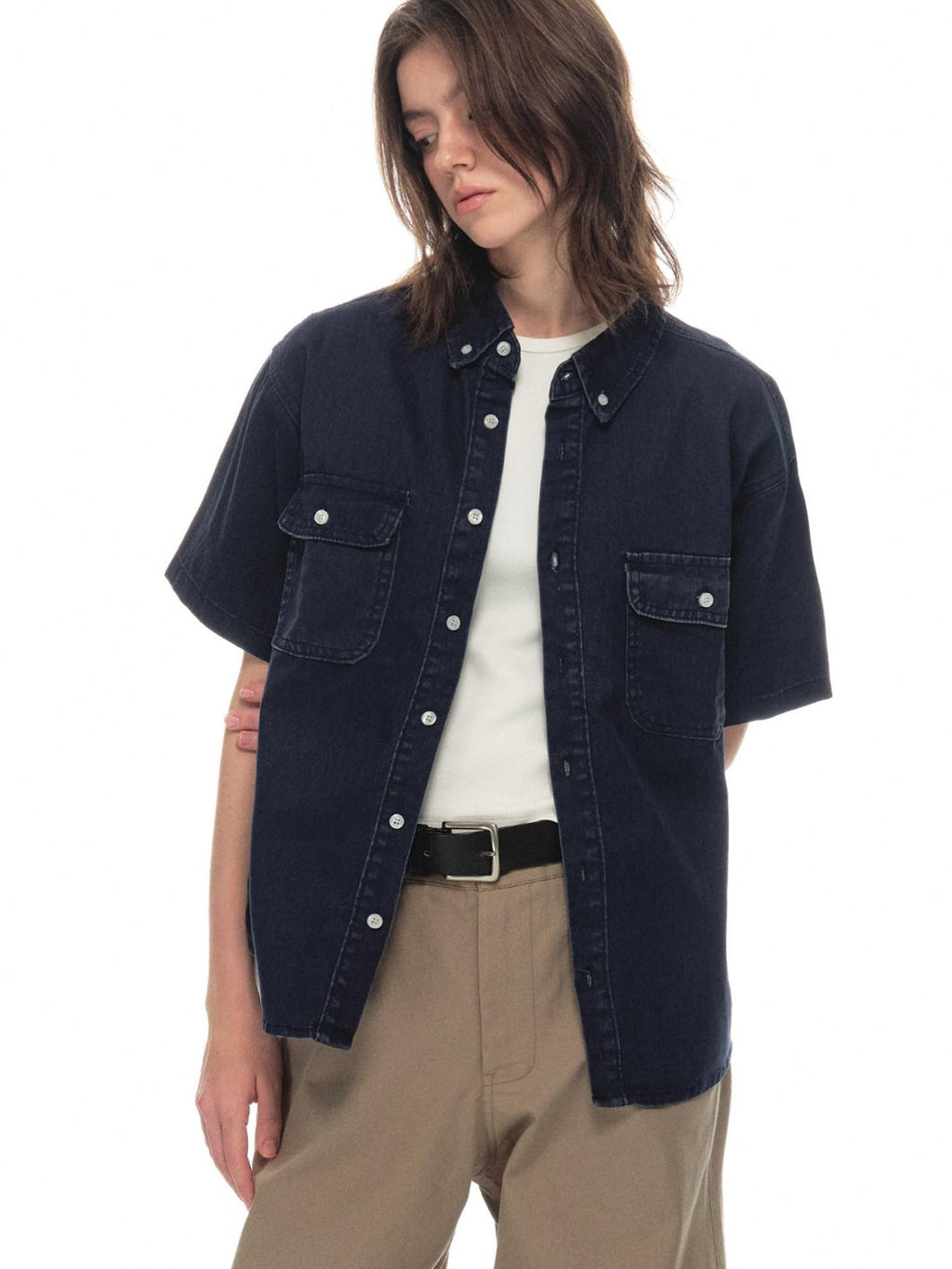 Country Moment Breathable 100% Cotton Patch Pocket Turn Down Collar Regular Men Indigo Shirts