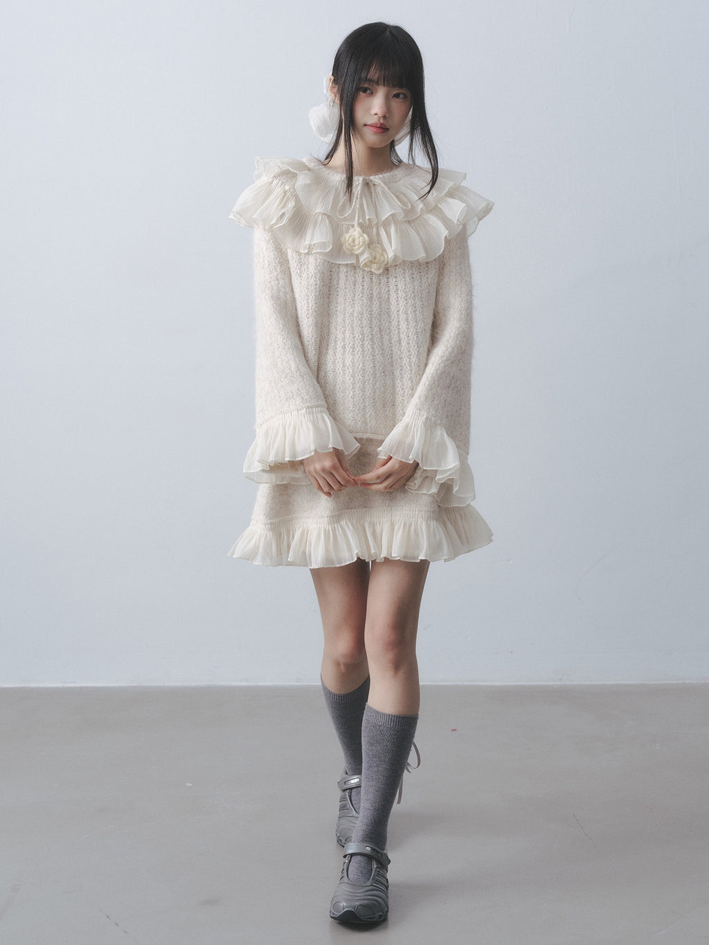 DDGIRL_studio_Warm_Knitted_Ruffle_Pullover_Loose_Gentle_Floral_High_Waist_Top_&_Skirt_Sets_MISSTT