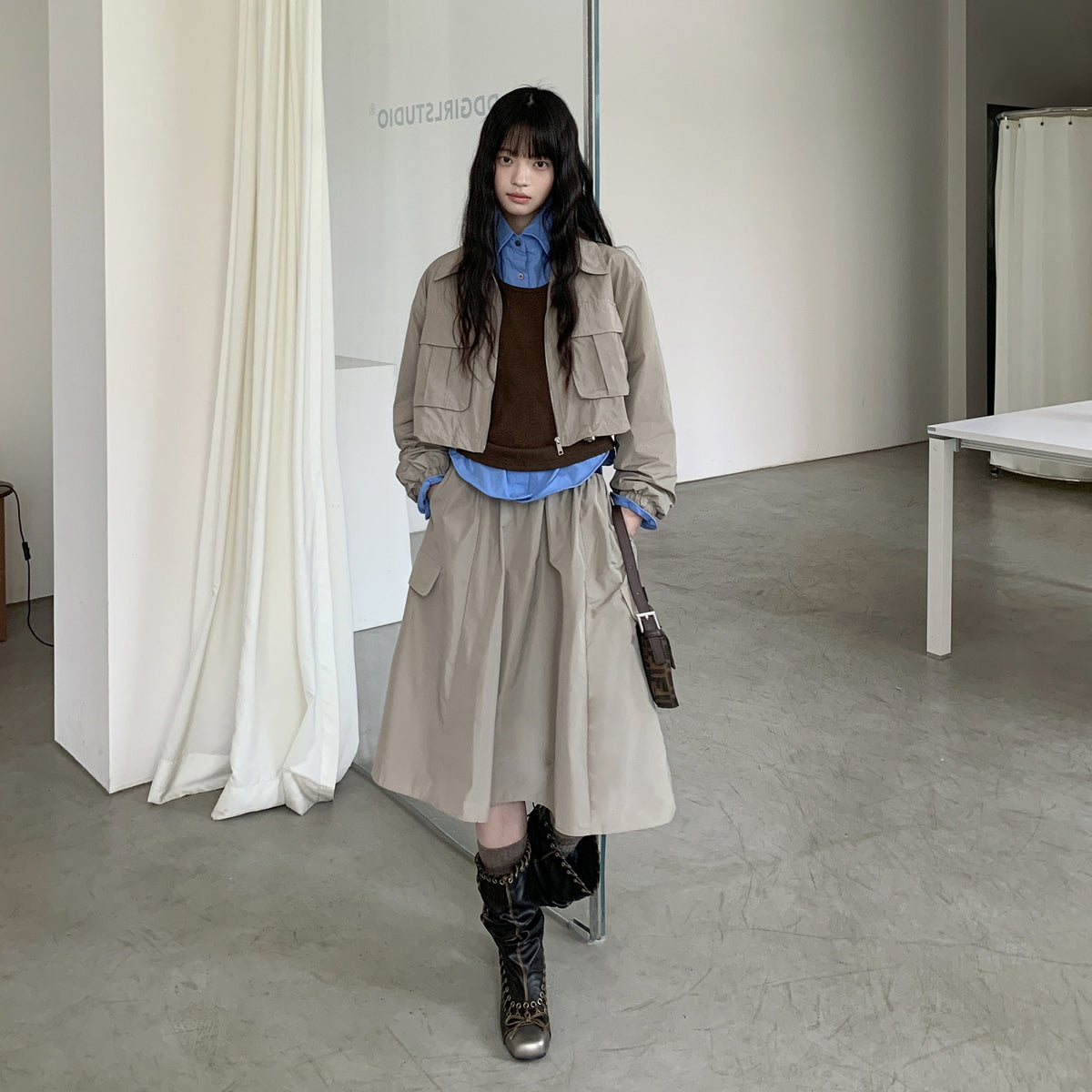 DDGIRL_studio_Zip_Front_Long_Sleeve_Lapel_Collar_Commuter_Women_Polyester_Top_&_Shorts_Sets_MISSTT