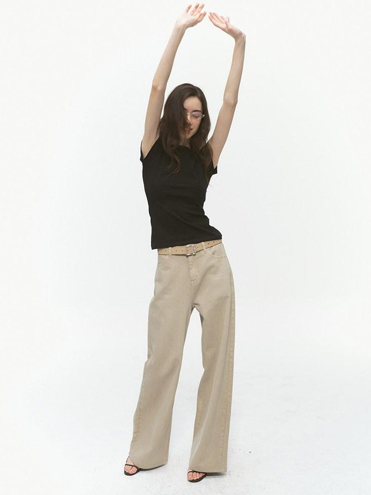 Country Moment Durable Washed Khaki Loose Natural Waist Casual Denim Wide Leg Jeans