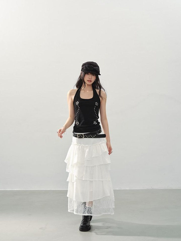 DDGIRL studio Shape Retaining Asymmetric Tiered High Waist Lined Lace Linen Women Midi Skirts
