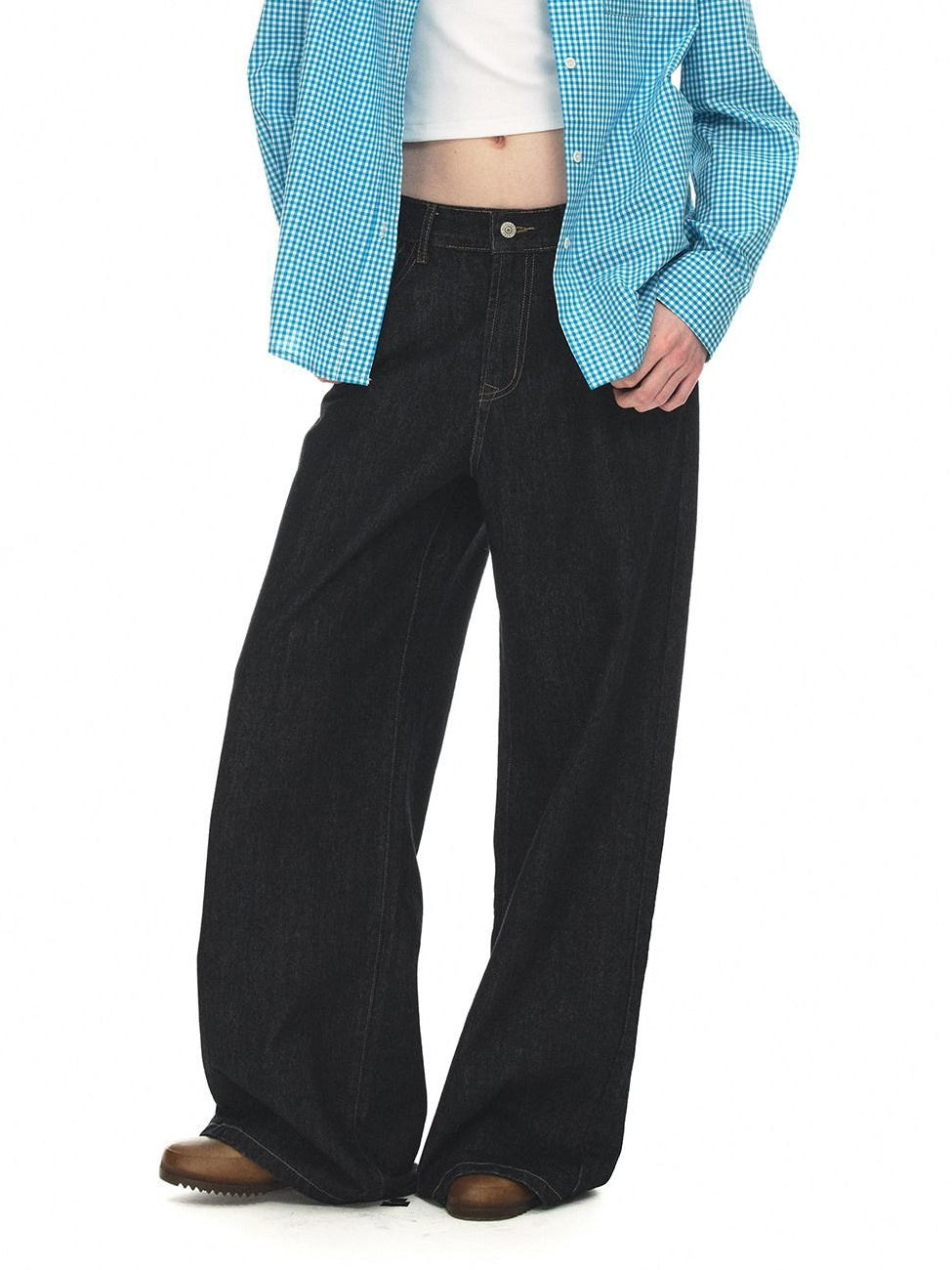 Country Moment Warm Cotton Mid Rise Loose Retro Button Fly Black Casual Commuter Wide Leg Jeans