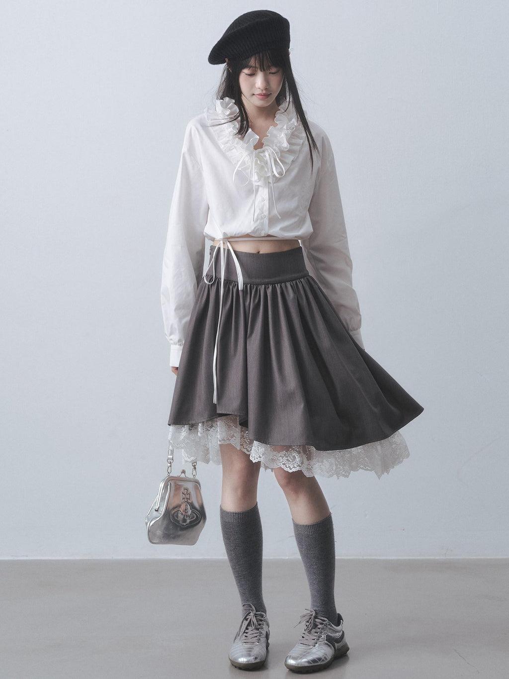 DDGIRL studio Durable Shape Retention Pleated Lace Asymmetric Relaxed Fit High Waist Midi Skirts