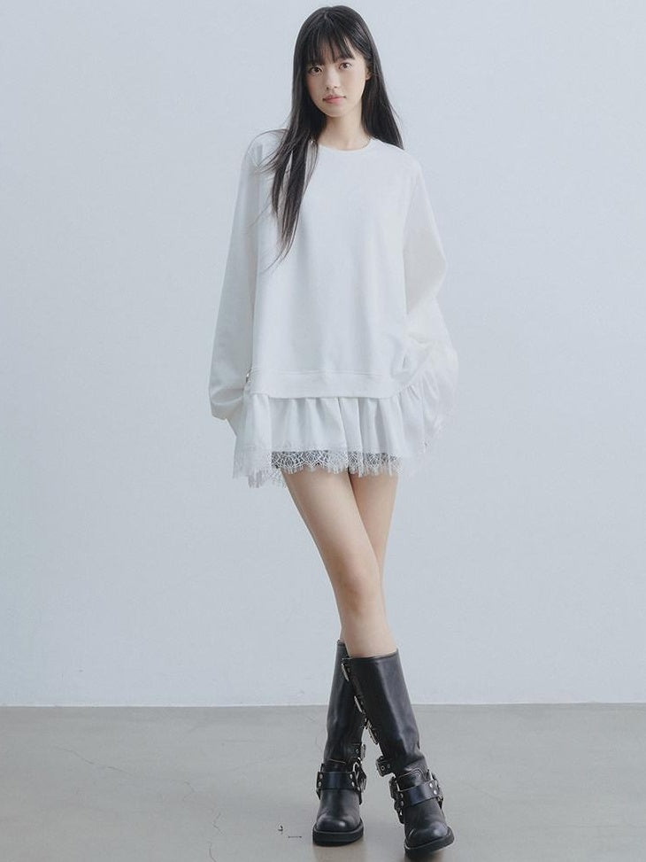 DDGIRL studio Soft Patchwork Loose Sweatshirt Girly Oversized Long Sleeve White Mini Dresses