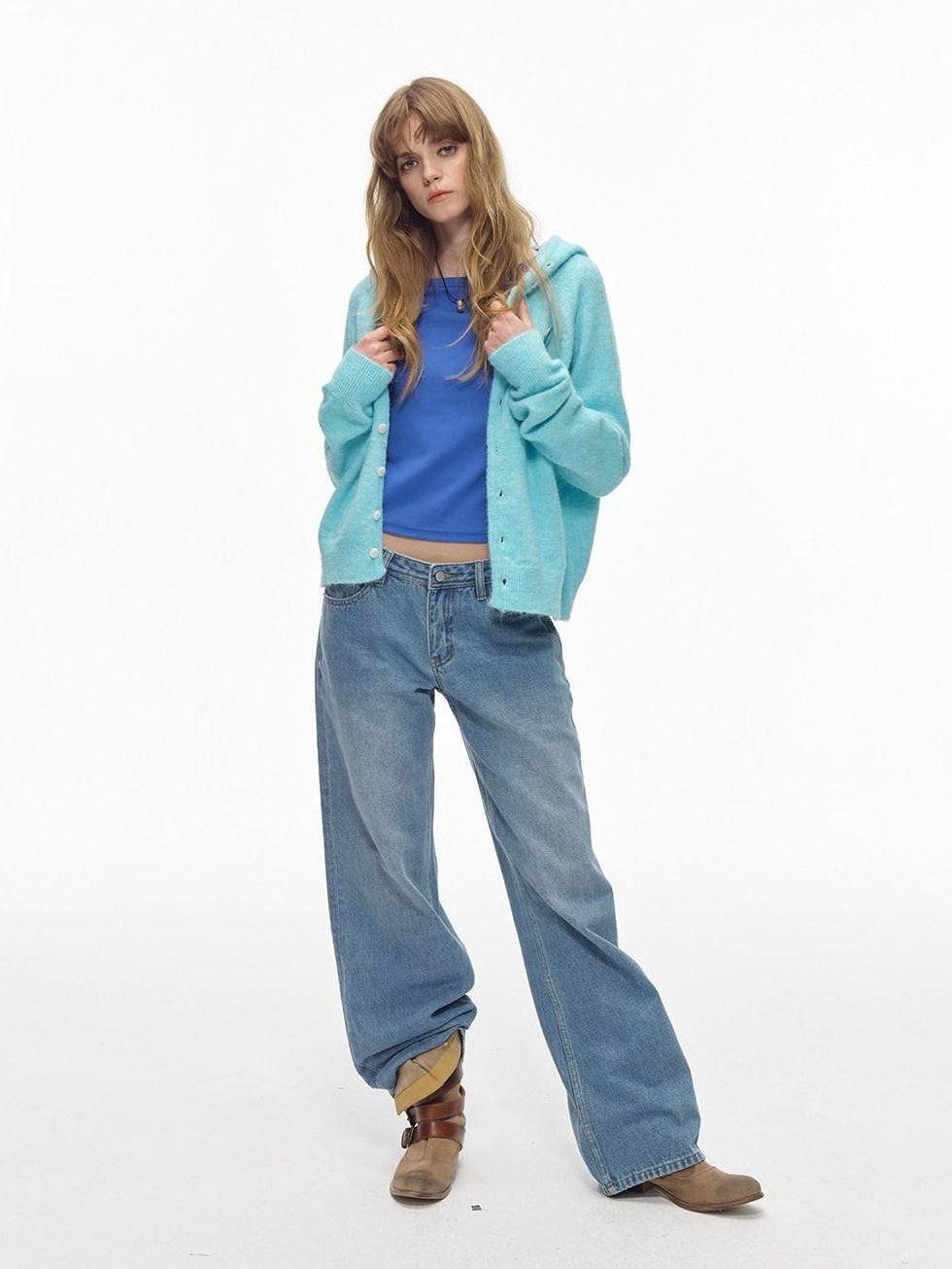 Country Moment Washed Light Blue Midrise Zip Fly Relaxed Fit Cotton Blend Straight Leg Jeans