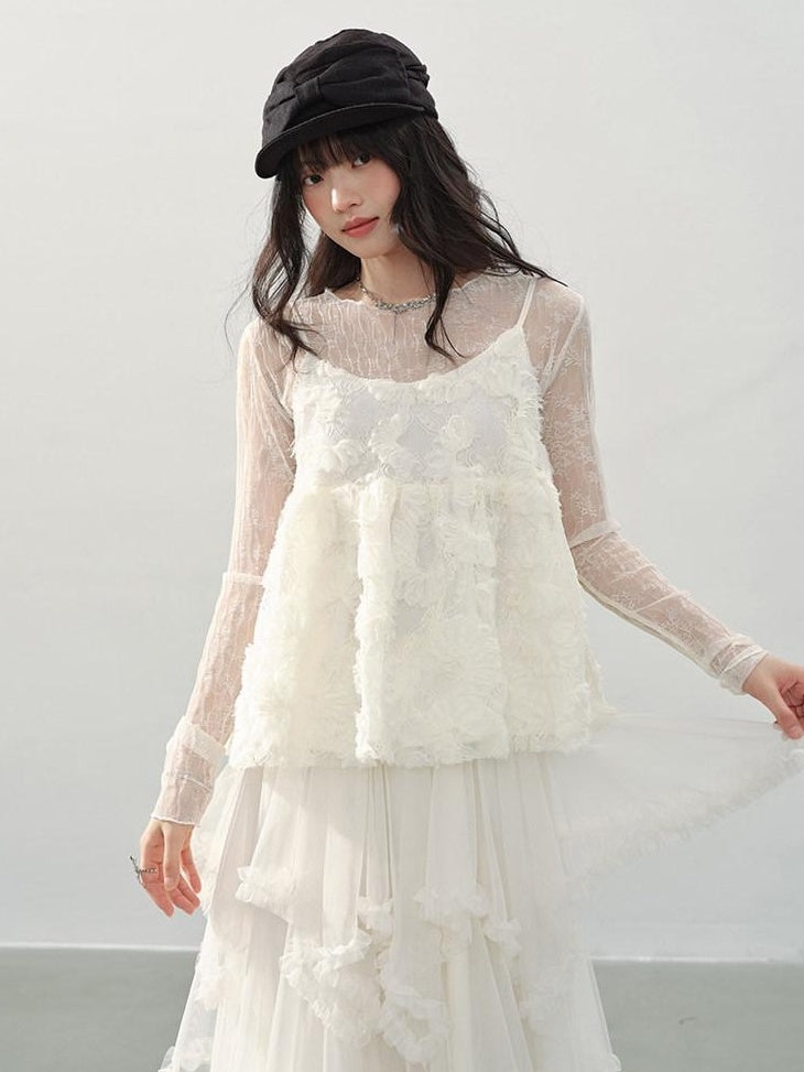 DDGIRL studio Soft Breathable Mesh Lace Slim Fit Floral Round Neck Ladies Long Sleeve T-Shirts
