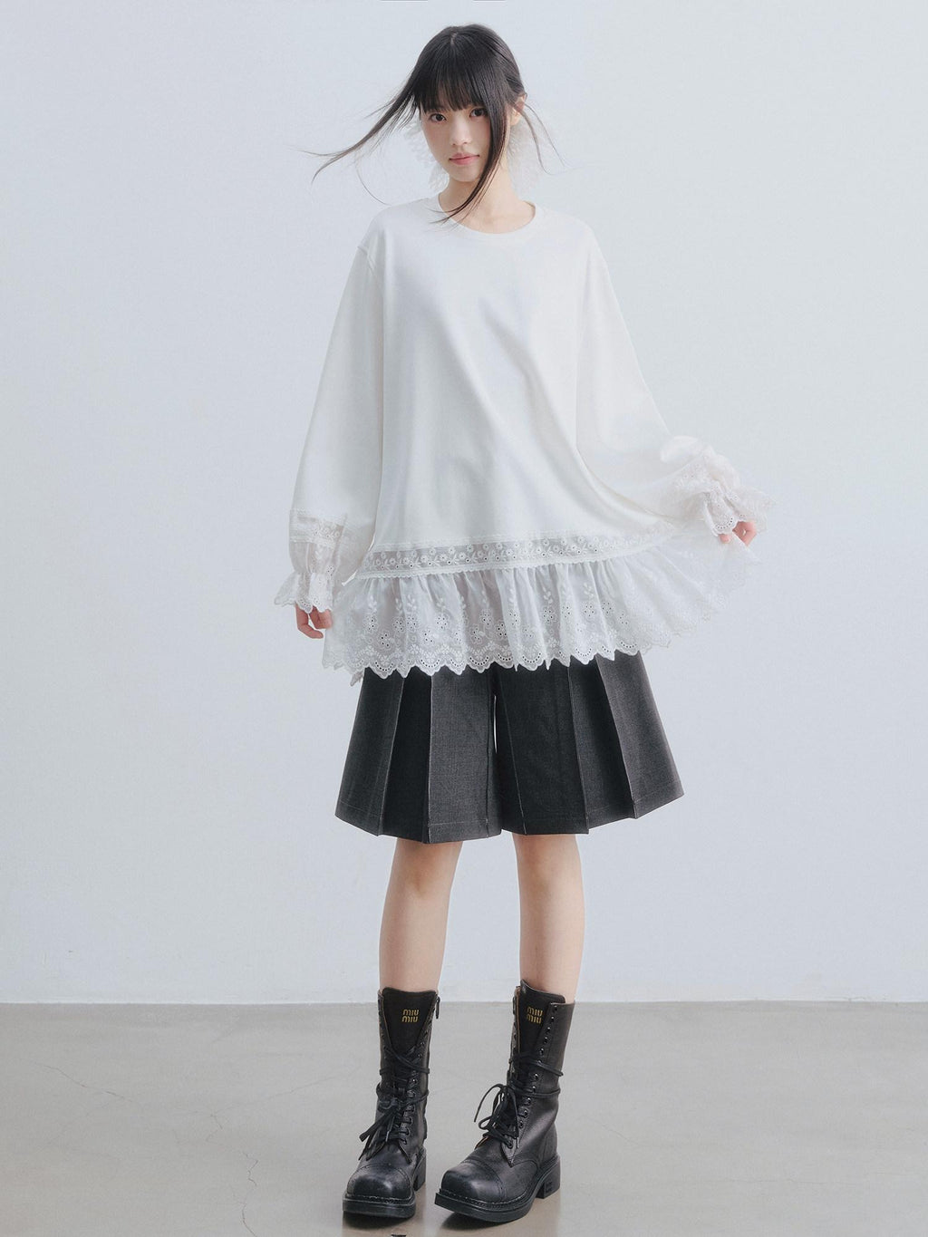 DDGIRL studio Layered Lace Oversized Puff Sleeve Womens Cotton White Long Sleeve T-Shirts