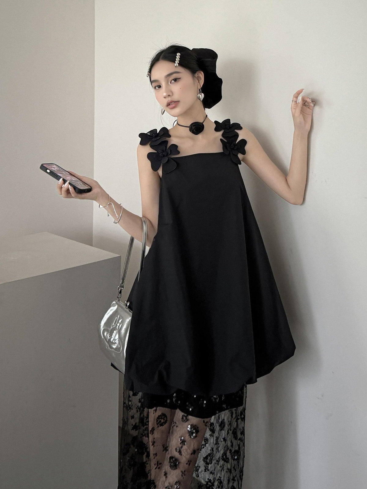 DDGIRL studio Washed Cotton Nylon Blend Strappy A Line Loose Waist Commuter Black Midi Dresses