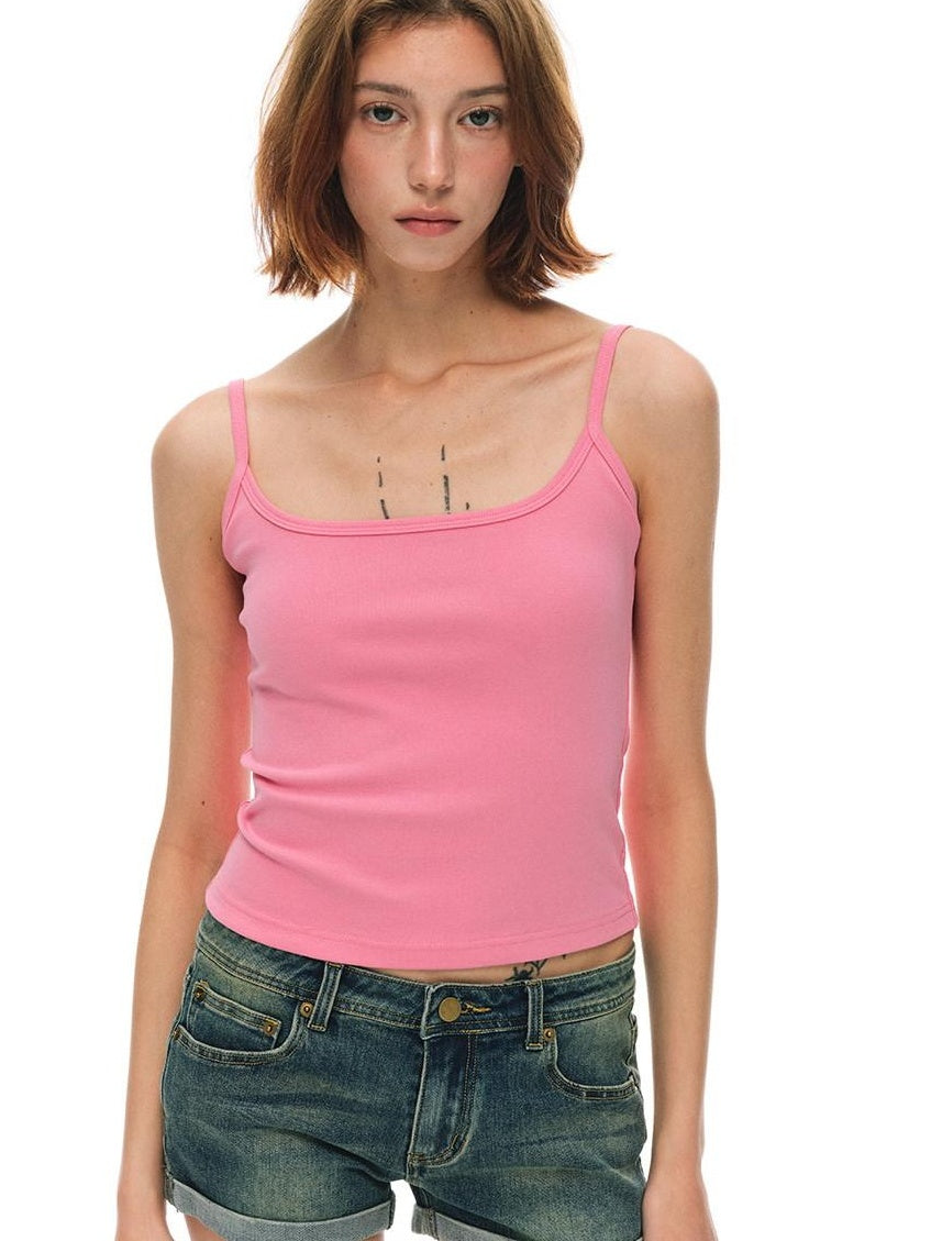 Country Moment Cotton Stretch Ribbed Slim Fit Square Neck Double Strap Backless Camisoles