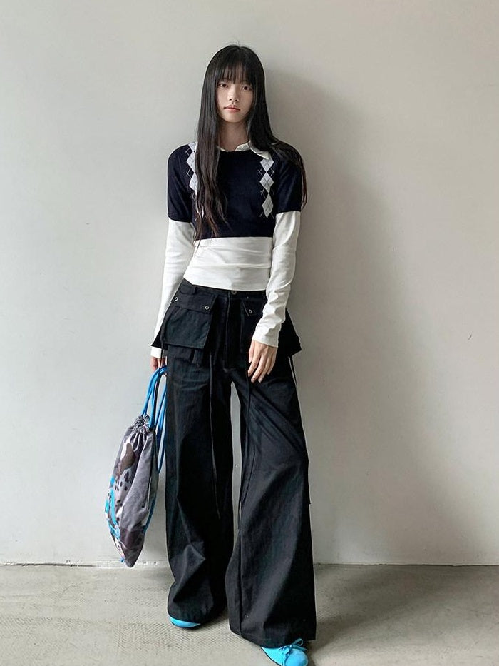DDGIRL studio High Waist Zip Fly Pockets Relaxed Straight Leg Black Cotton Nylon Cargo Pants