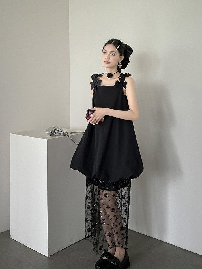 DDGIRL studio Washed Cotton Nylon Blend Strappy A Line Loose Waist Commuter Black Midi Dresses