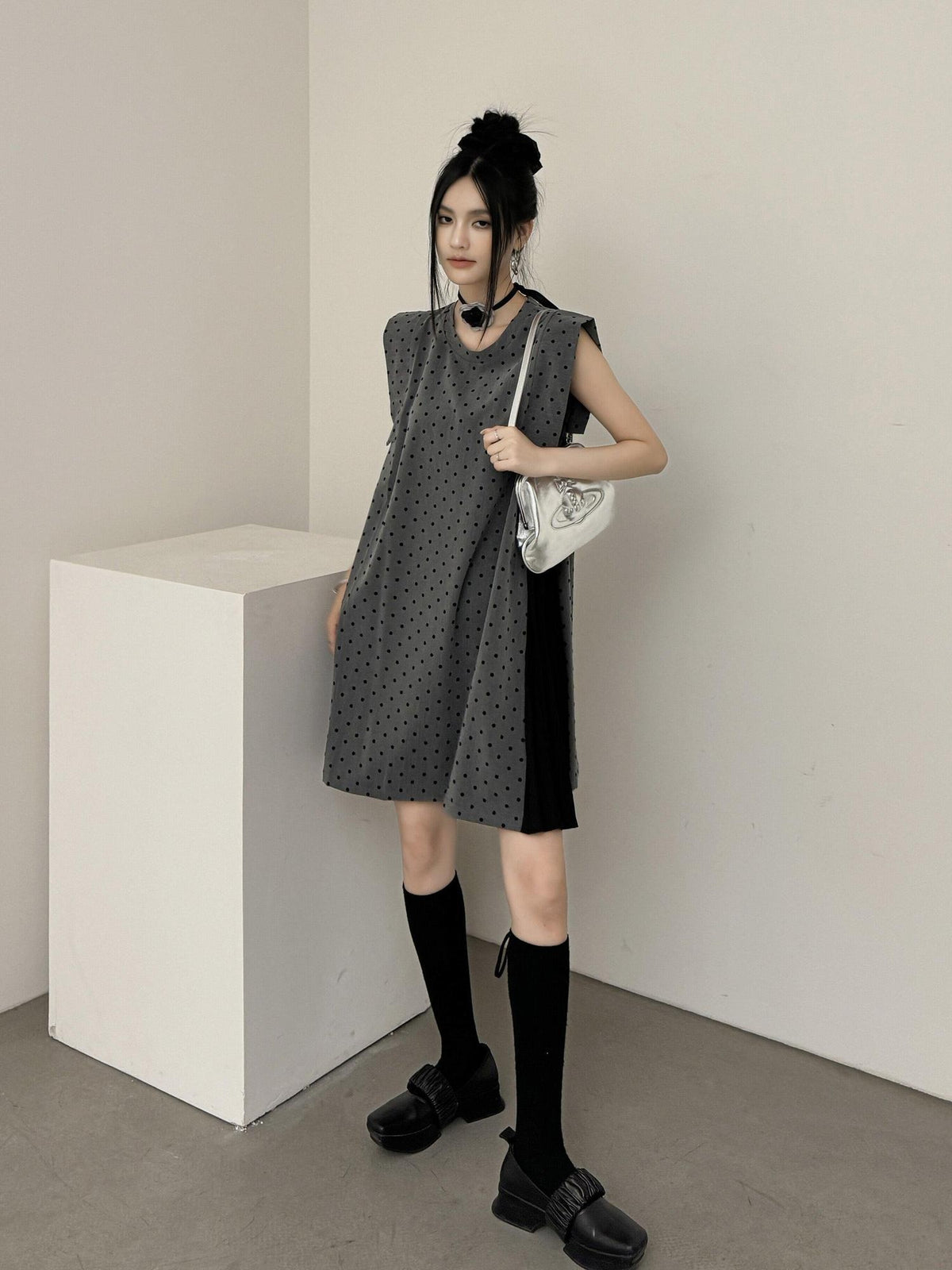 DDGIRL studio Soft Patchwork A Line Loose Fit Sleeveless Commuter Flocked Midi Skirts