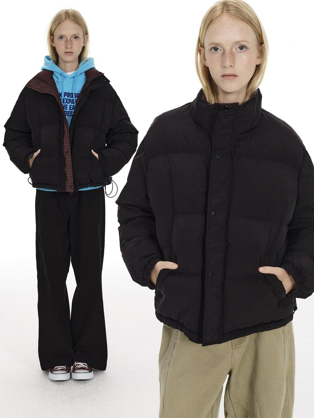 Country Moment High Fill White Duck Reversible Plaid Loose Fit Unisex Cotton Zip Down Jackets