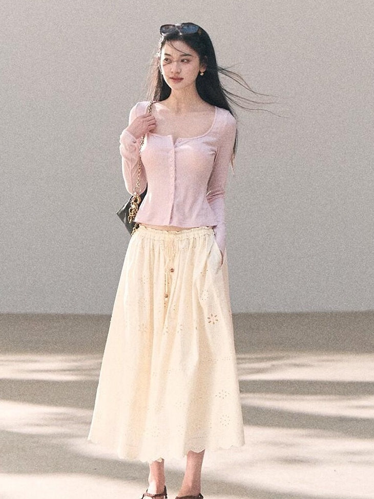 7 OAKMOO Cotton Lined Embroidered A Line Ruffle Elastic Mid Waist Women Maxi Skirts