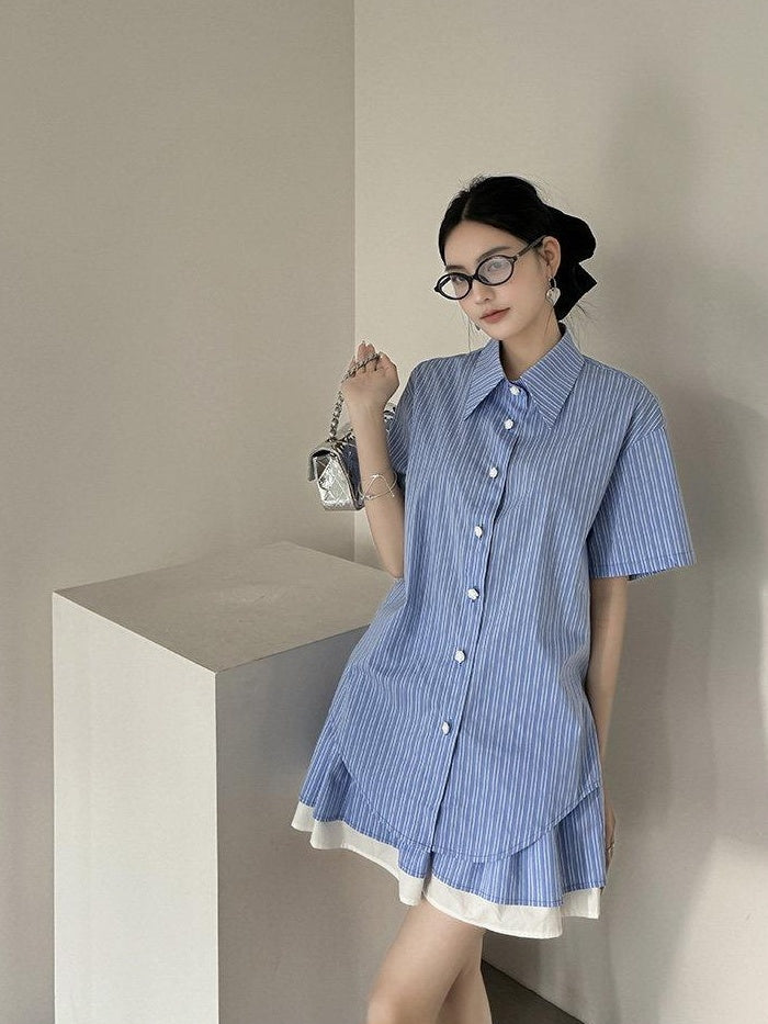 DDGIRL studio Breathable Relaxed Polo Short Sleeve Women Striped Blue Top & Skirt Sets