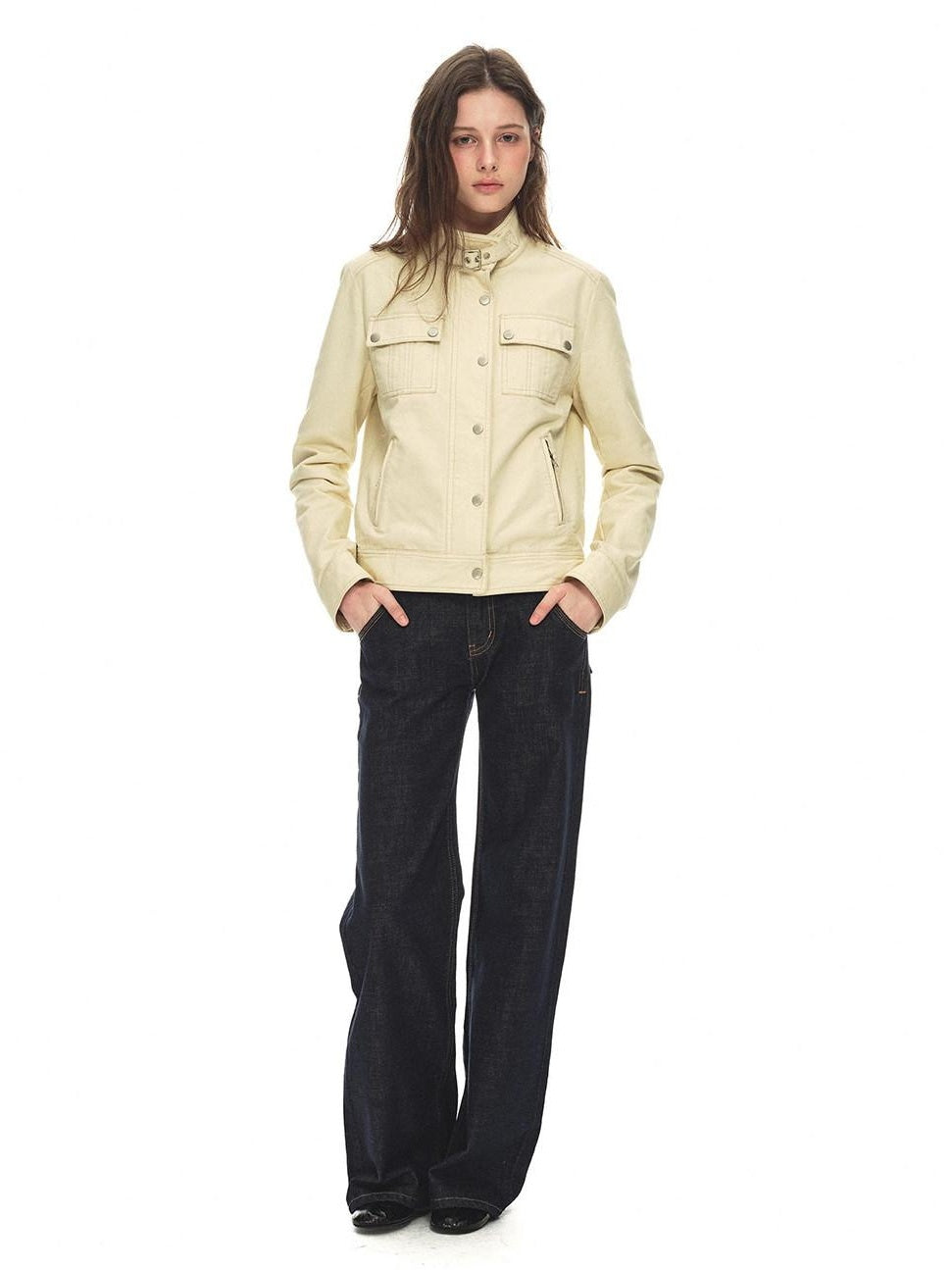 Country Moment Durable Cotton Button Loose Fit Vintage Stand Collar Women Cropped Jackets