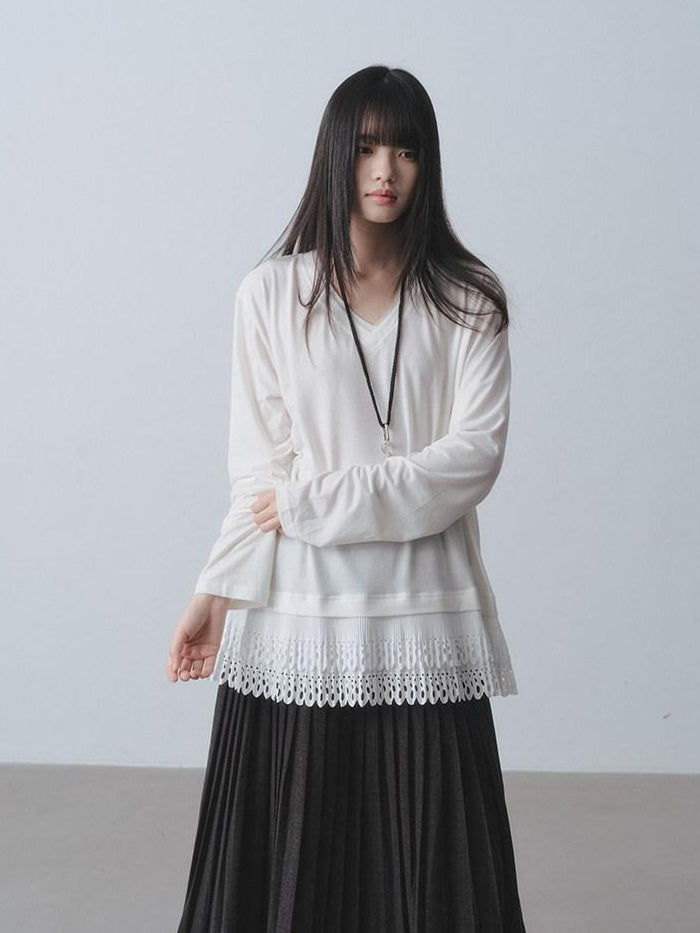 DDGIRL studio Soft Breathable V-neck Patchwork Loose Fit Women White Long Sleeve T-Shirts
