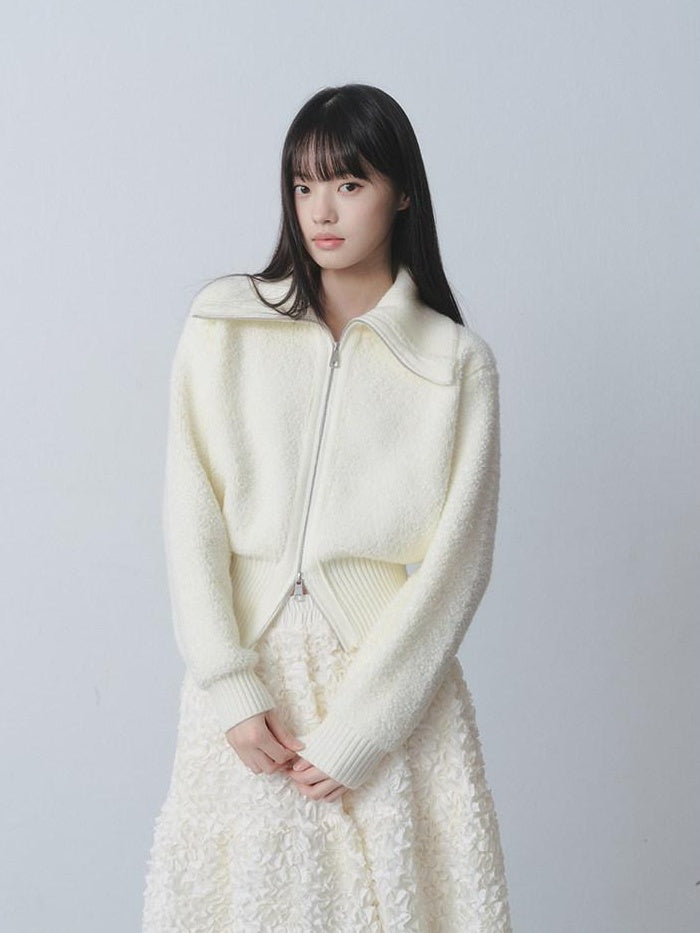 DDGIRL studio Cozy Warm Simple Daydream Waist Cinch Zip Cardigan Acrylic Blend Cream Sweaters