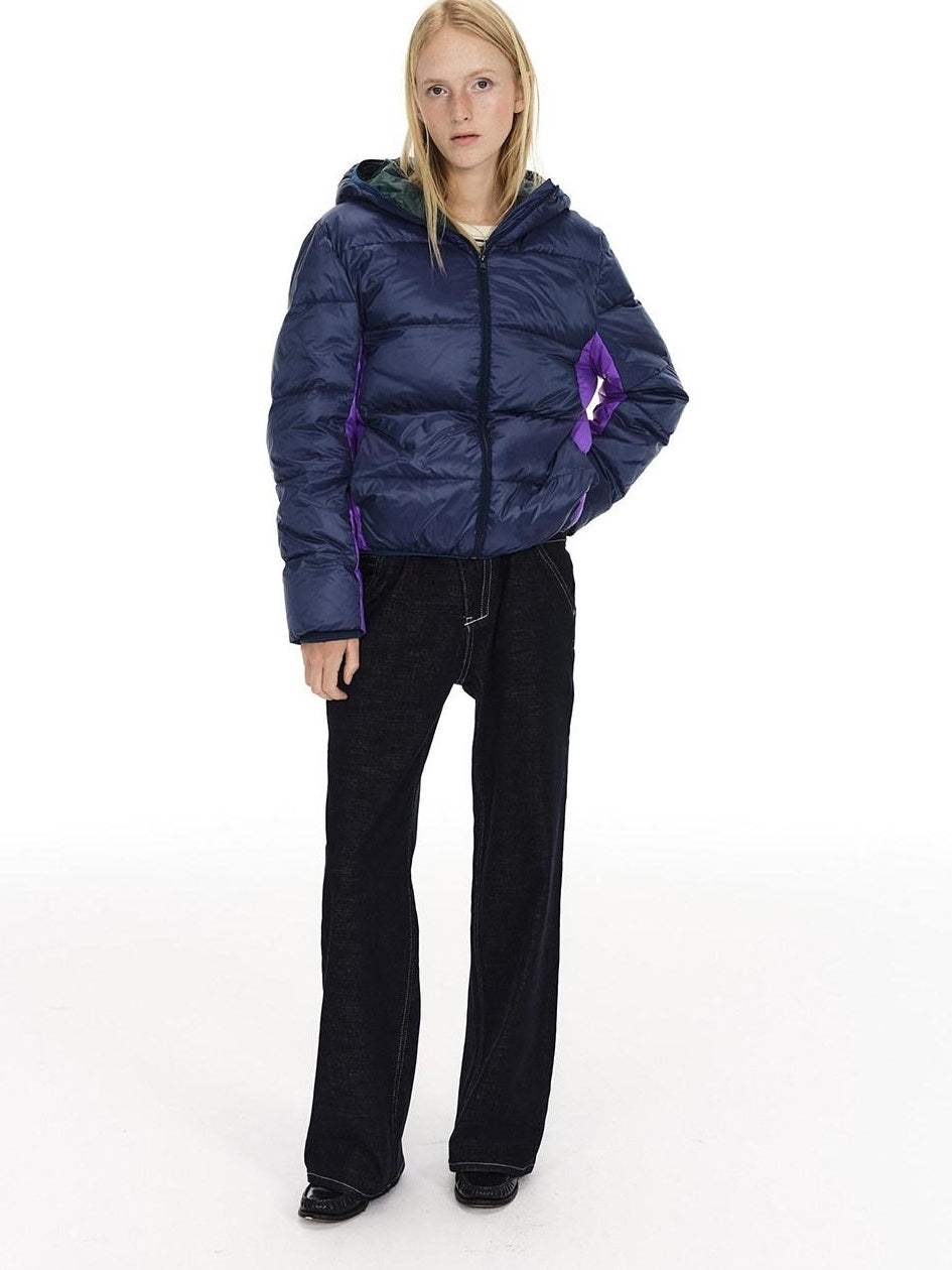 Country Moment 90 Fill White Duck Down Hooded Short Loose Navy Zipper City Commute Down Jackets
