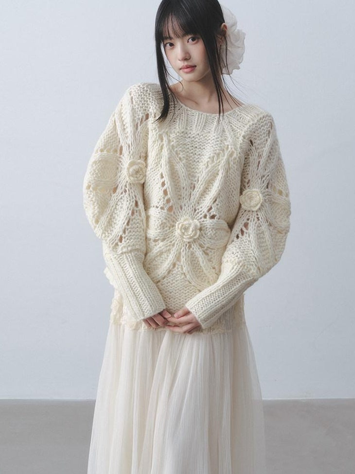DDGIRL studio Soft Loose Crochet Openwork Lantern Sleeve Round Neck Women Knitwear Sweaters