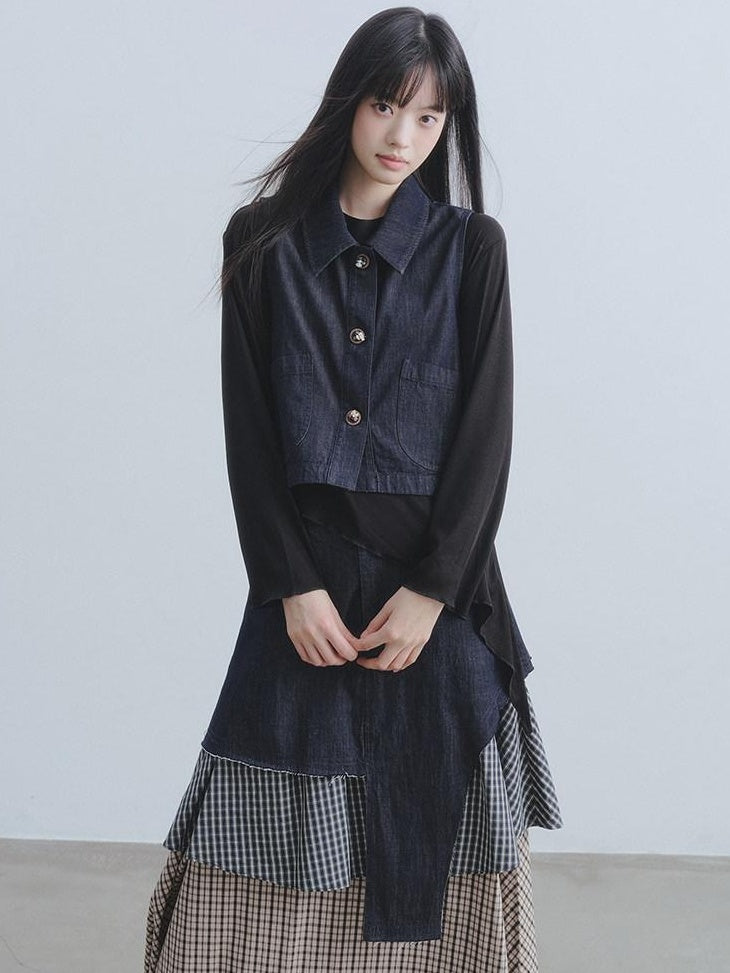 DDGIRL studio Asymmetric Plaid Leather Lapel Vest High Waist Skirt Women Top & Skirt Sets