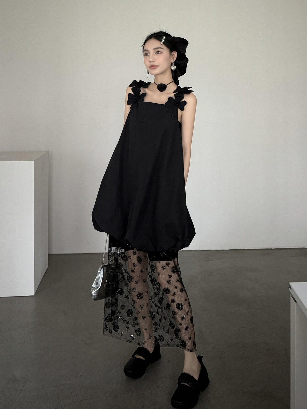 DDGIRL studio Washed Cotton Nylon Blend Strappy A Line Loose Waist Commuter Black Midi Dresses
