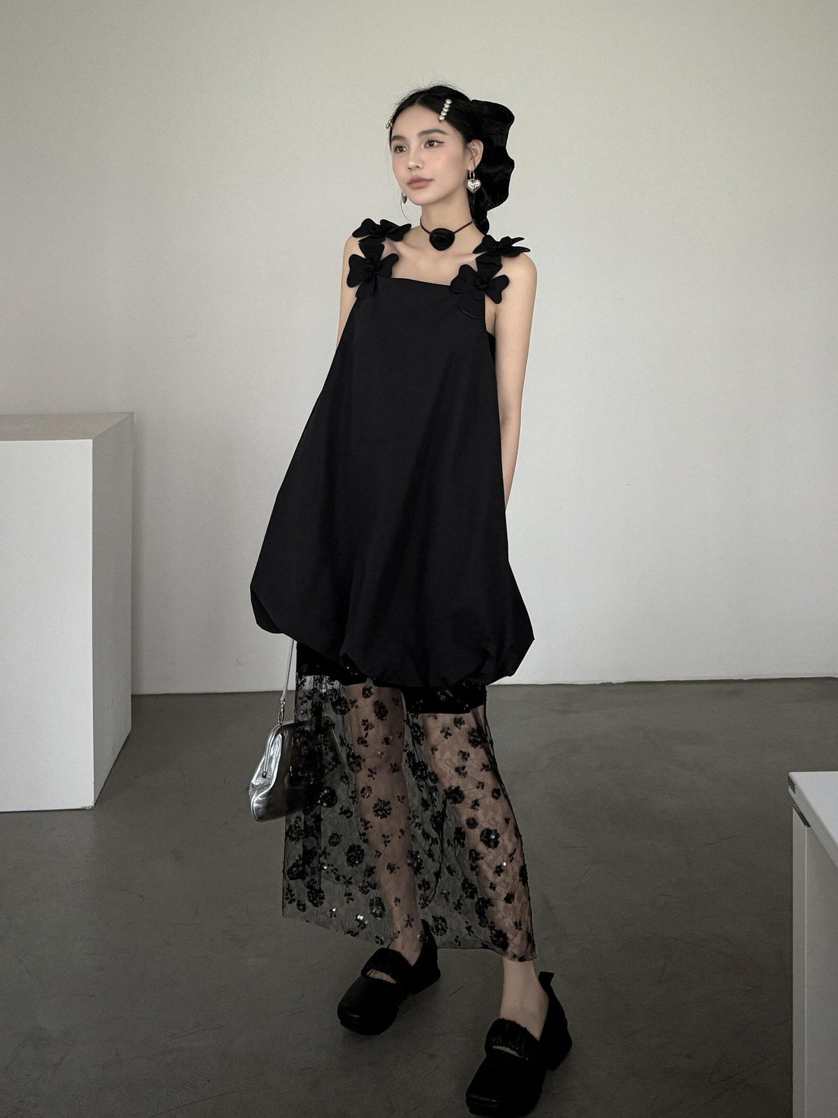DDGIRL studio Washed Cotton Nylon Blend Strappy A Line Loose Waist Commuter Black Midi Dresses