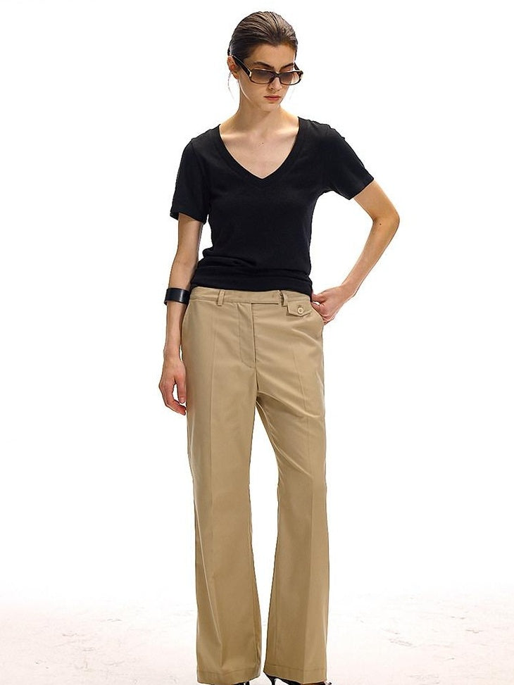 Country Moment Minimalist Slim Fit Zip Fly Natural Waist Office Workwear Khaki Straight Pants