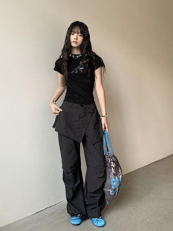DDGIRL studio High Waist Cotton Cargo Pockets Loose Commuter Women Black Straight Pants