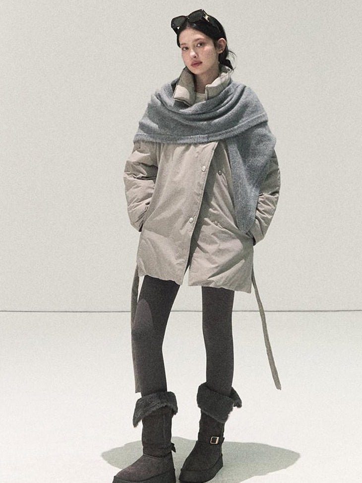 7 OAKMOO 95 White Goose Down Warmth Loose Midlength Stand Collar Wool Scarf Down Jackets