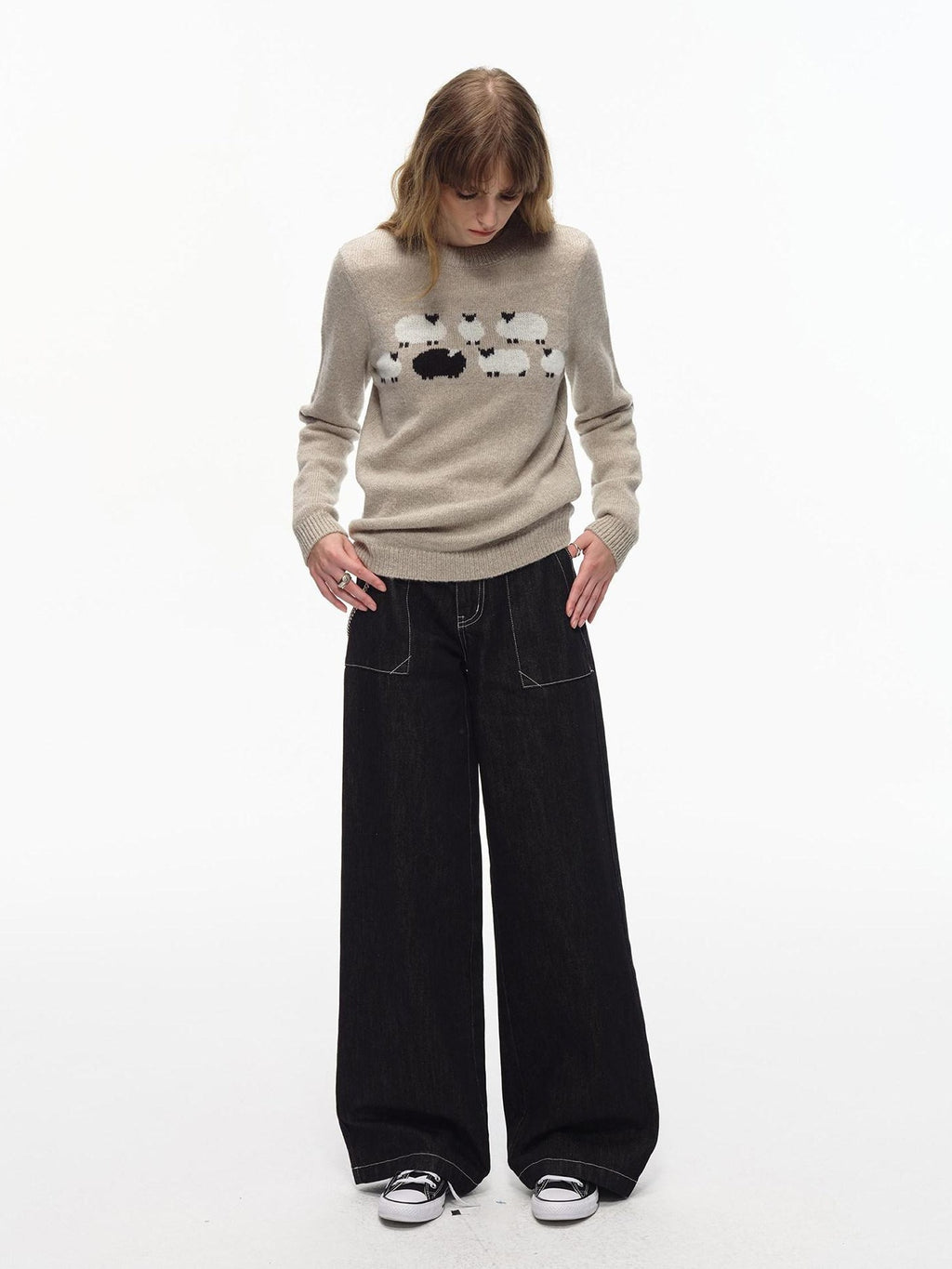 Country Moment Thermal Embroidered Commuter Loose Fit Unisex Crewneck Acrylic Knit Sweaters