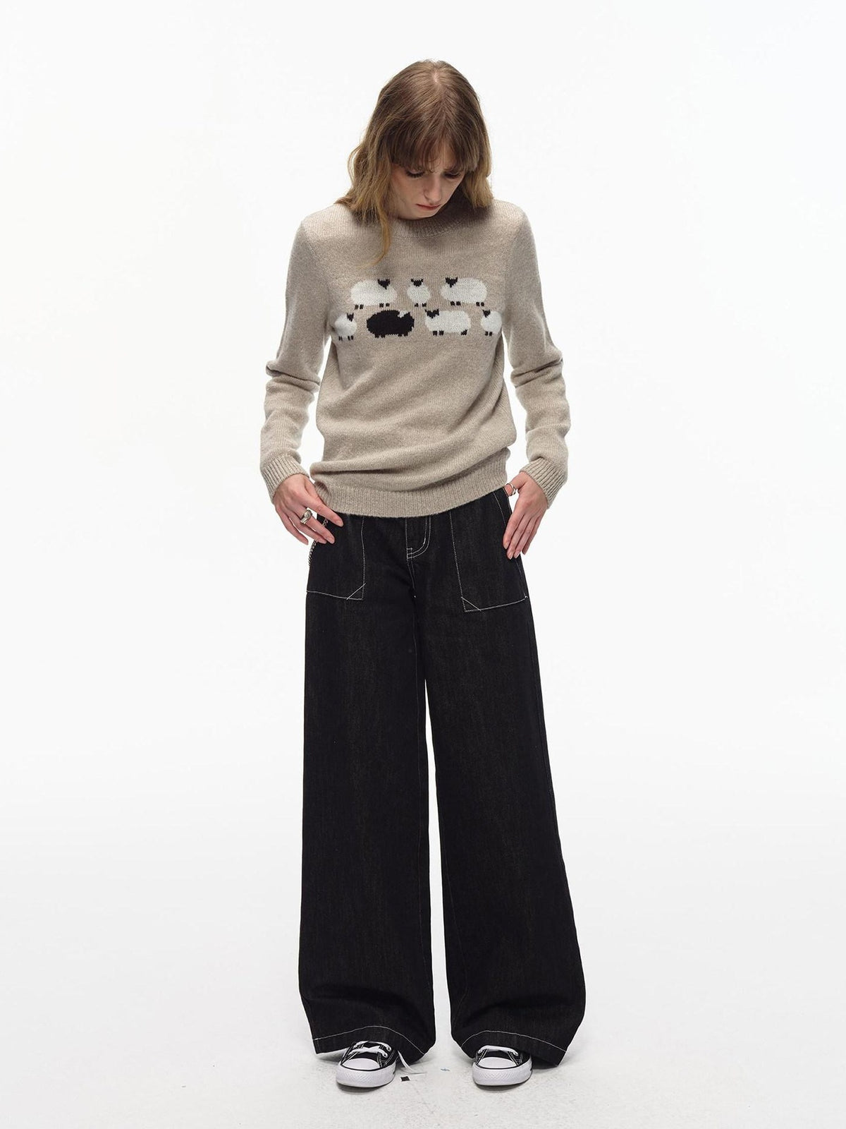 Country Moment Thermal Embroidered Commuter Loose Fit Unisex Crewneck Acrylic Knit Sweaters