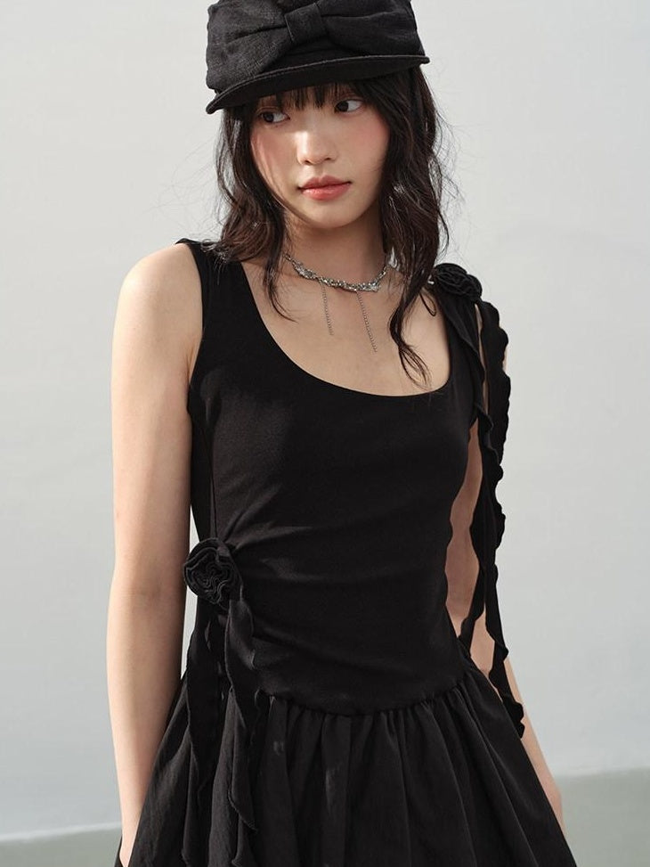 DDGIRL studio Soft Cotton Ruffle Aline Slim Cute Date Sleeveless U Neck Black Mini Dresses