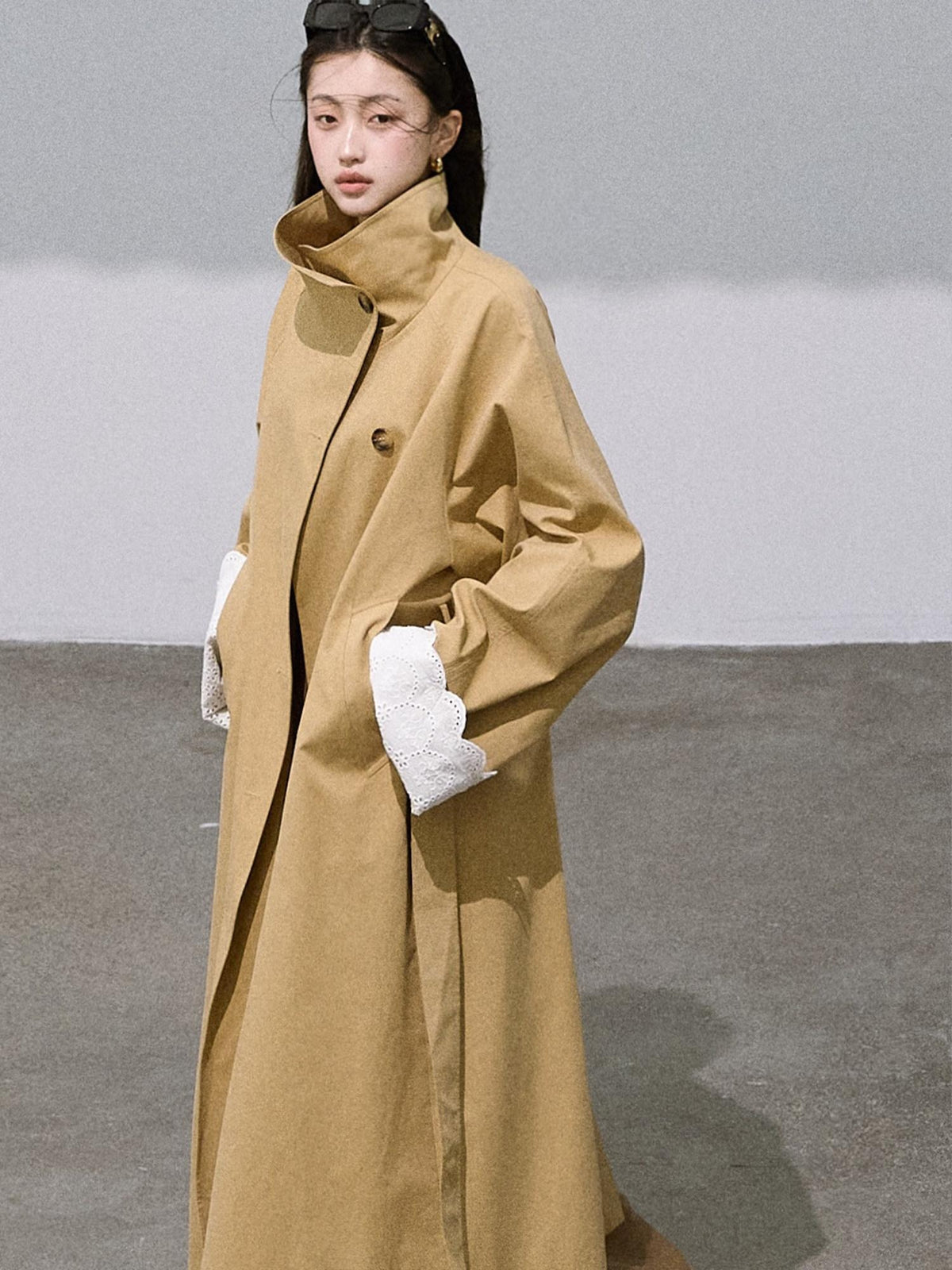 7 OAKMOO Cotton Lyocell Blend Oversized Stand Collar Amber Khaki Long Coats