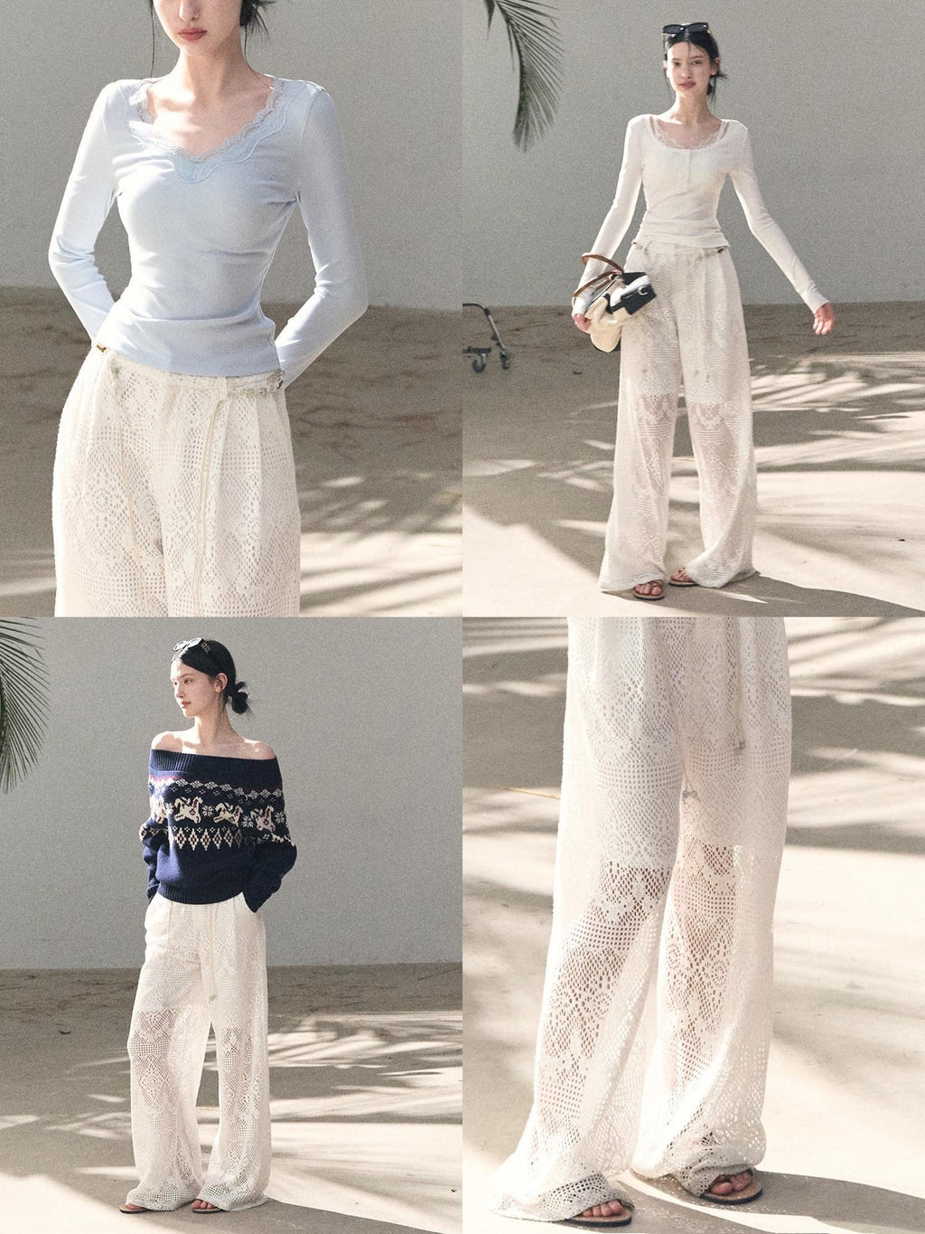 7 OAKMOO Mid Rise Cotton Blend Casual Straight Fit Women Mist White Wide Leg Pants